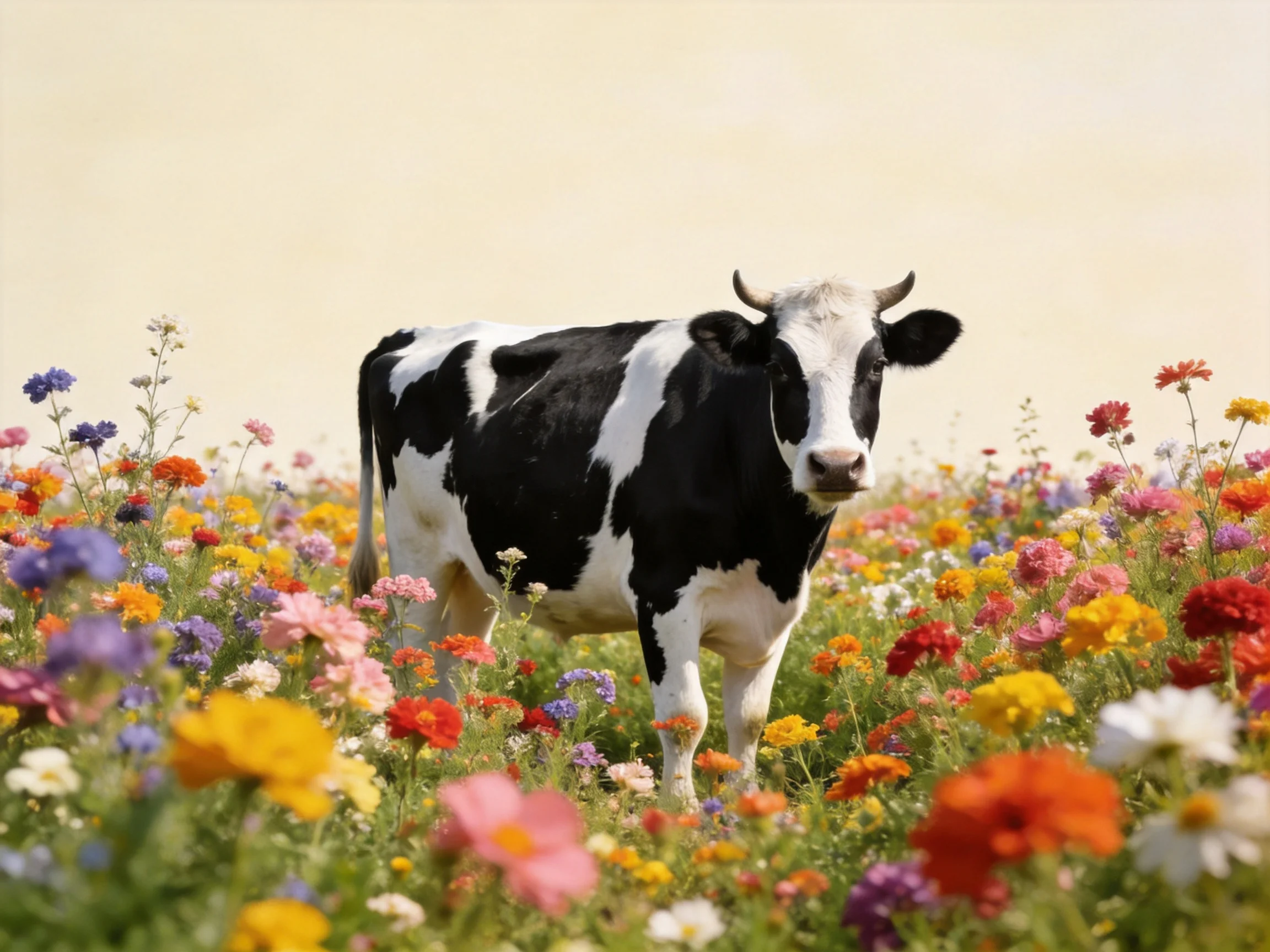 A black-and-white cow stands among vibrant wildflowers in a sunny meadow