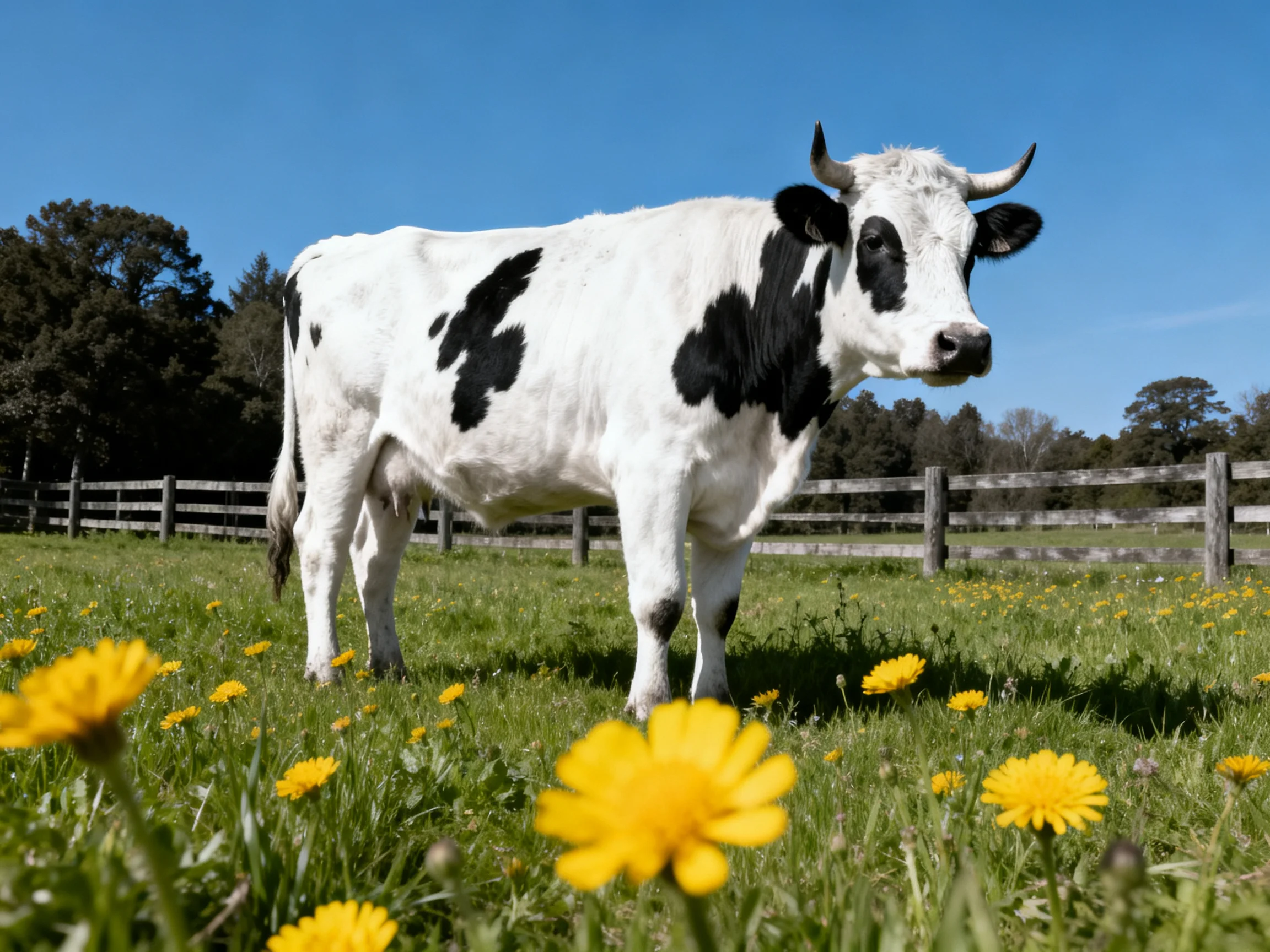 A black and white cow stands among yellow flowers in a sunny pasture
