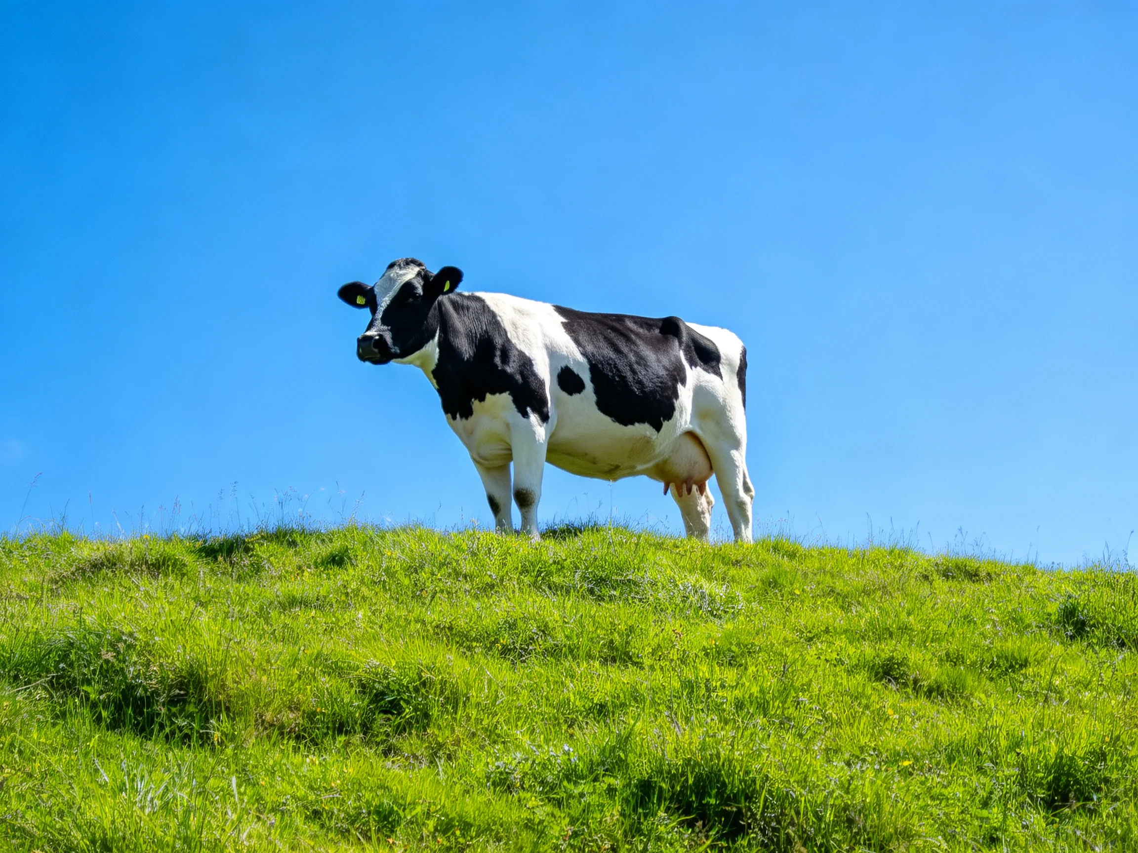 A black and white cow stands atop a lush green hill under clear blue sky