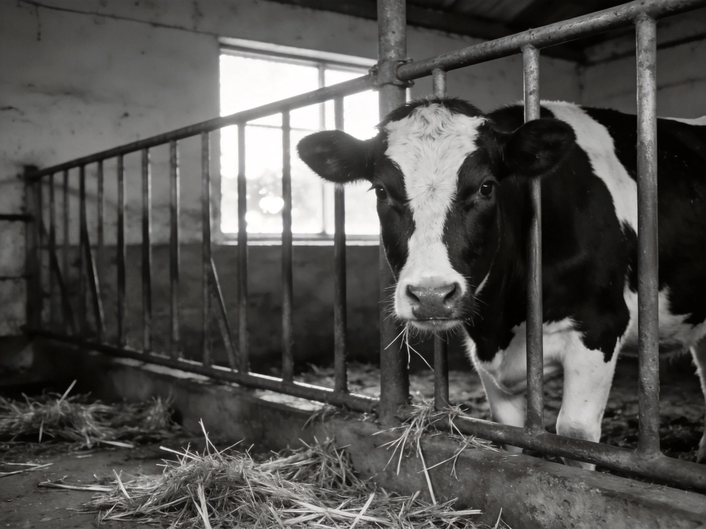 A black and white cow stands behind metal bars near scattered hay