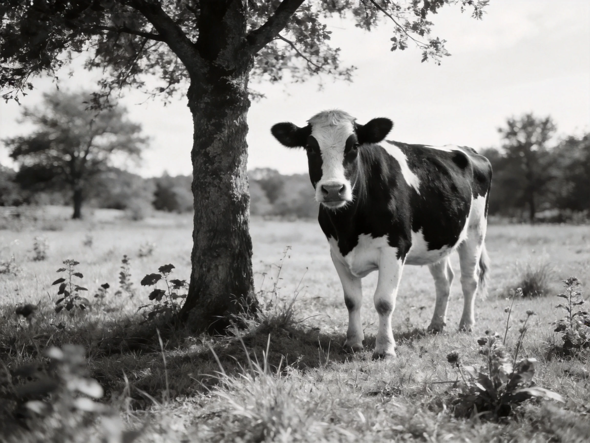 A black and white cow stands beside a large tree in an open field