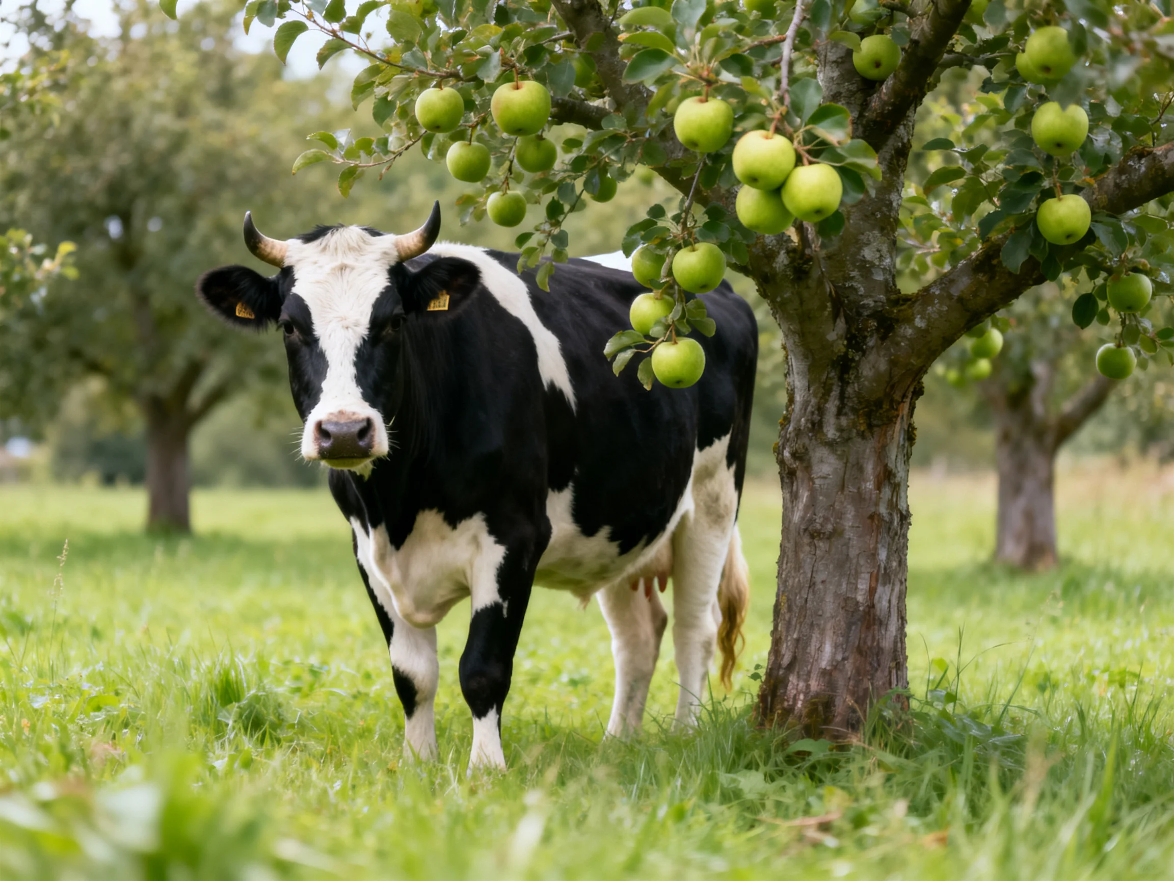 A black and white cow stands beside a tree with green apples