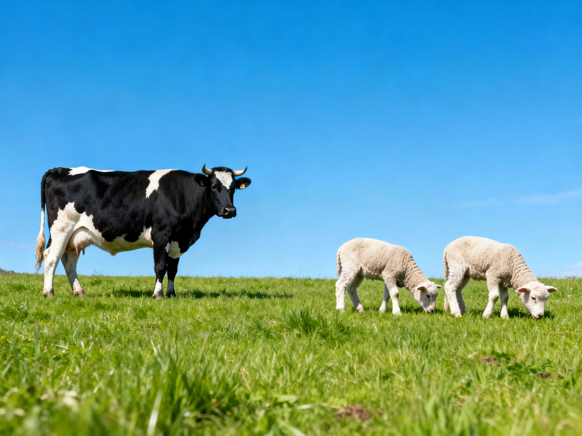 A black-and-white cow observes two white lambs grazing in a sunny meadow.