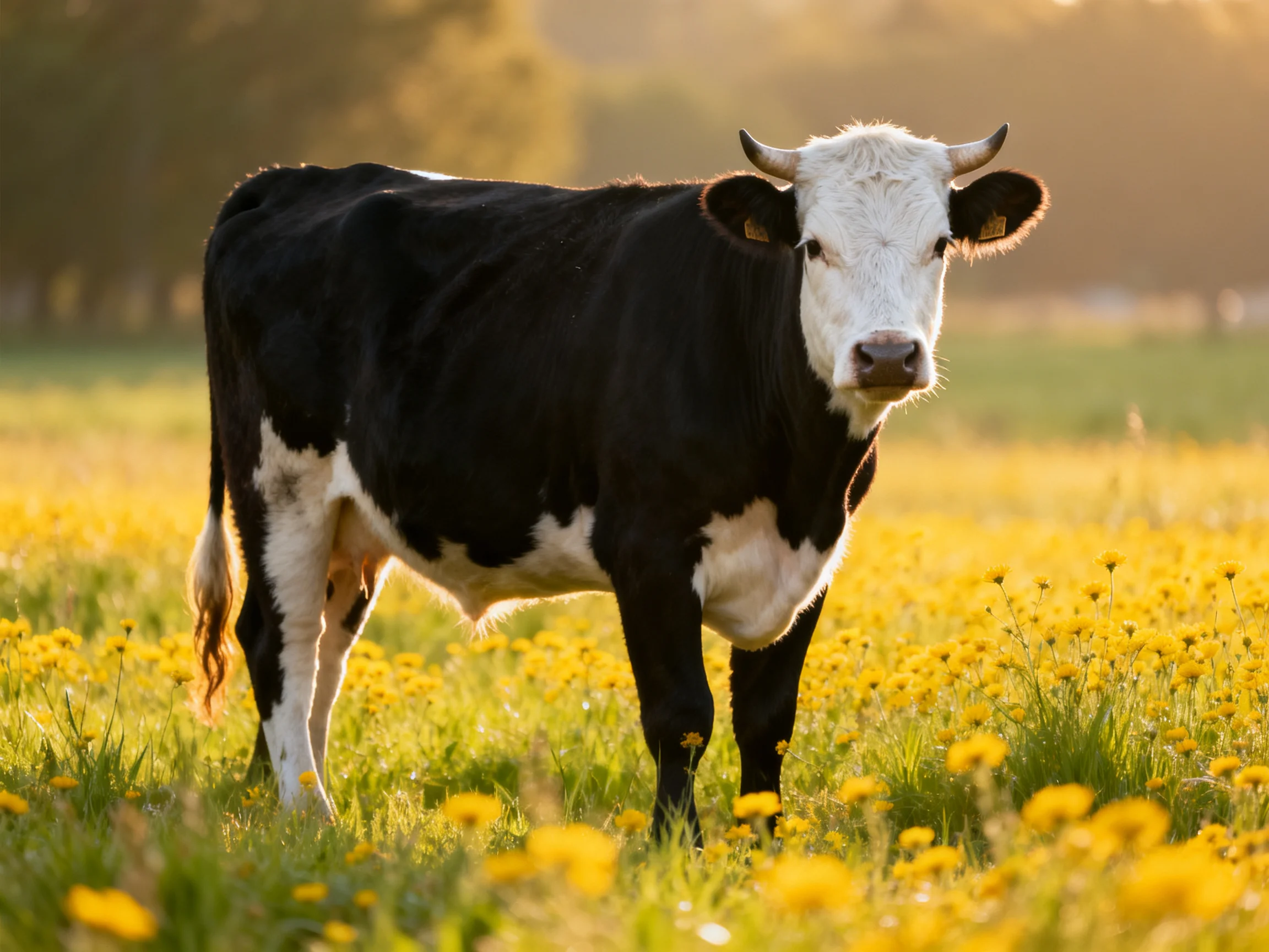 A black and white cow stands in a field of yellow wildflowers