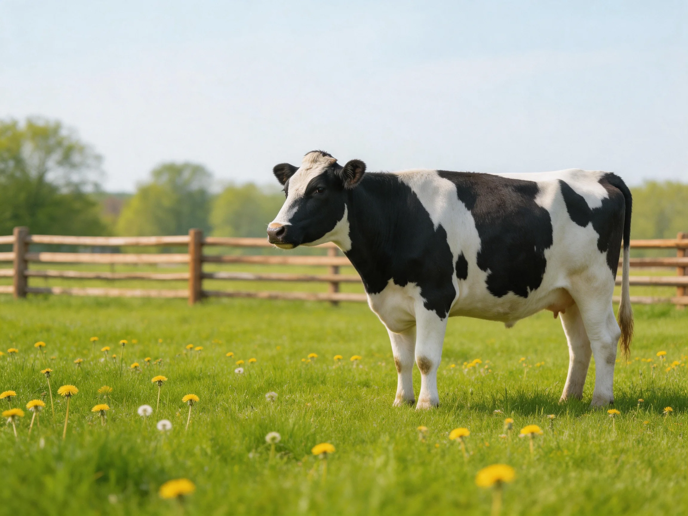 A black and white cow stands in a sunny meadow with wildflowers and a wooden fence.