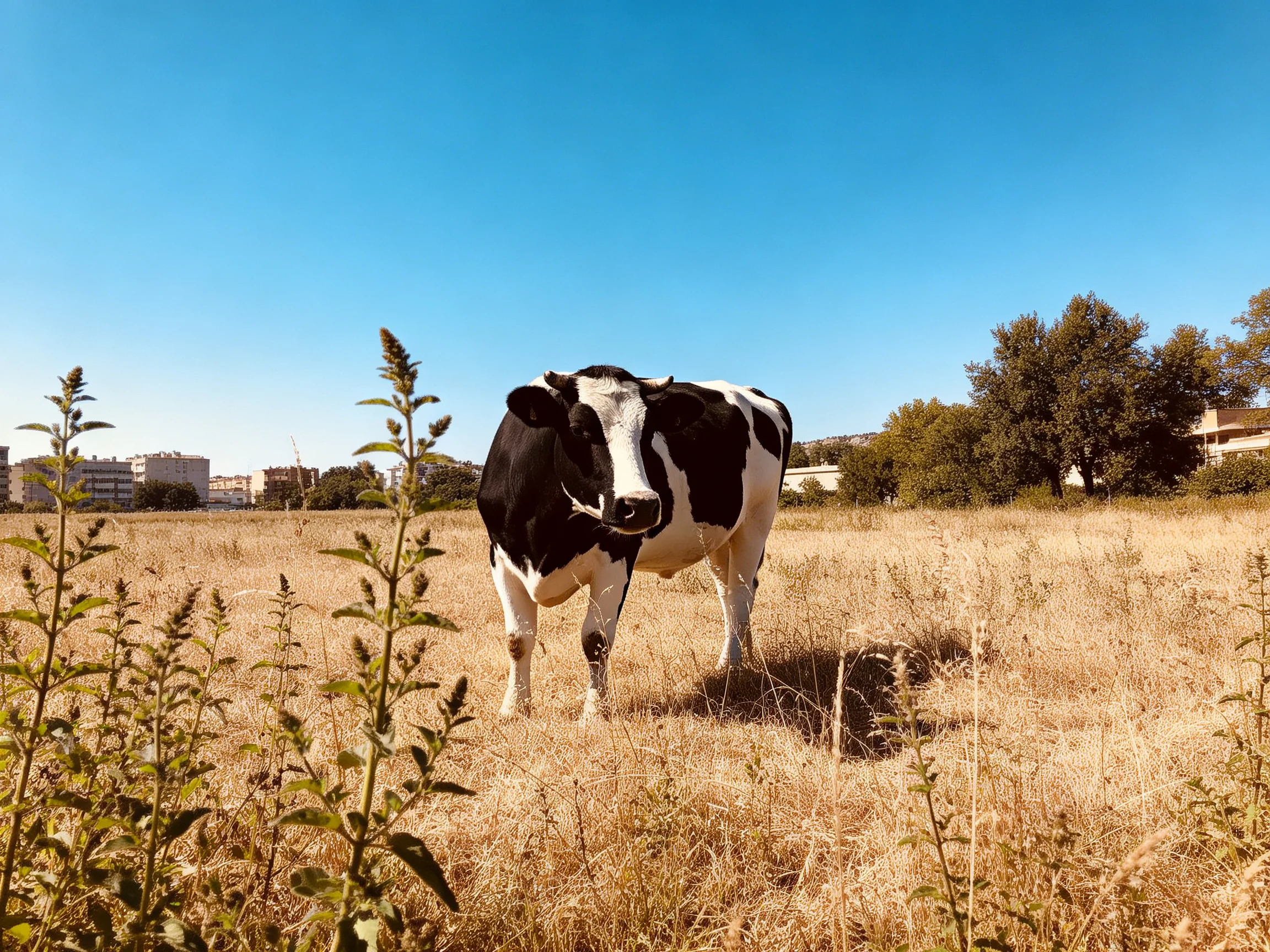 A black and white cow stands in a golden field near trees and buildings