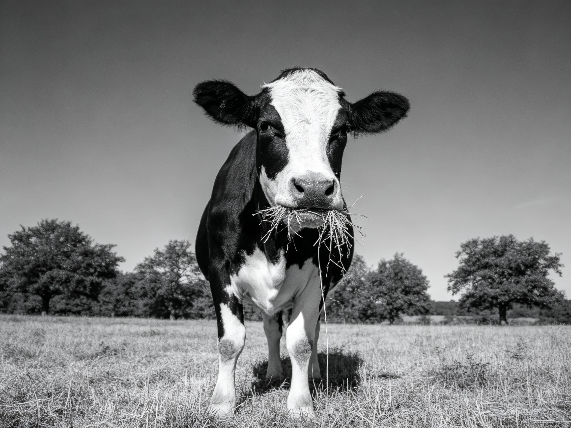 A black and white cow stands in a grassy field near trees
