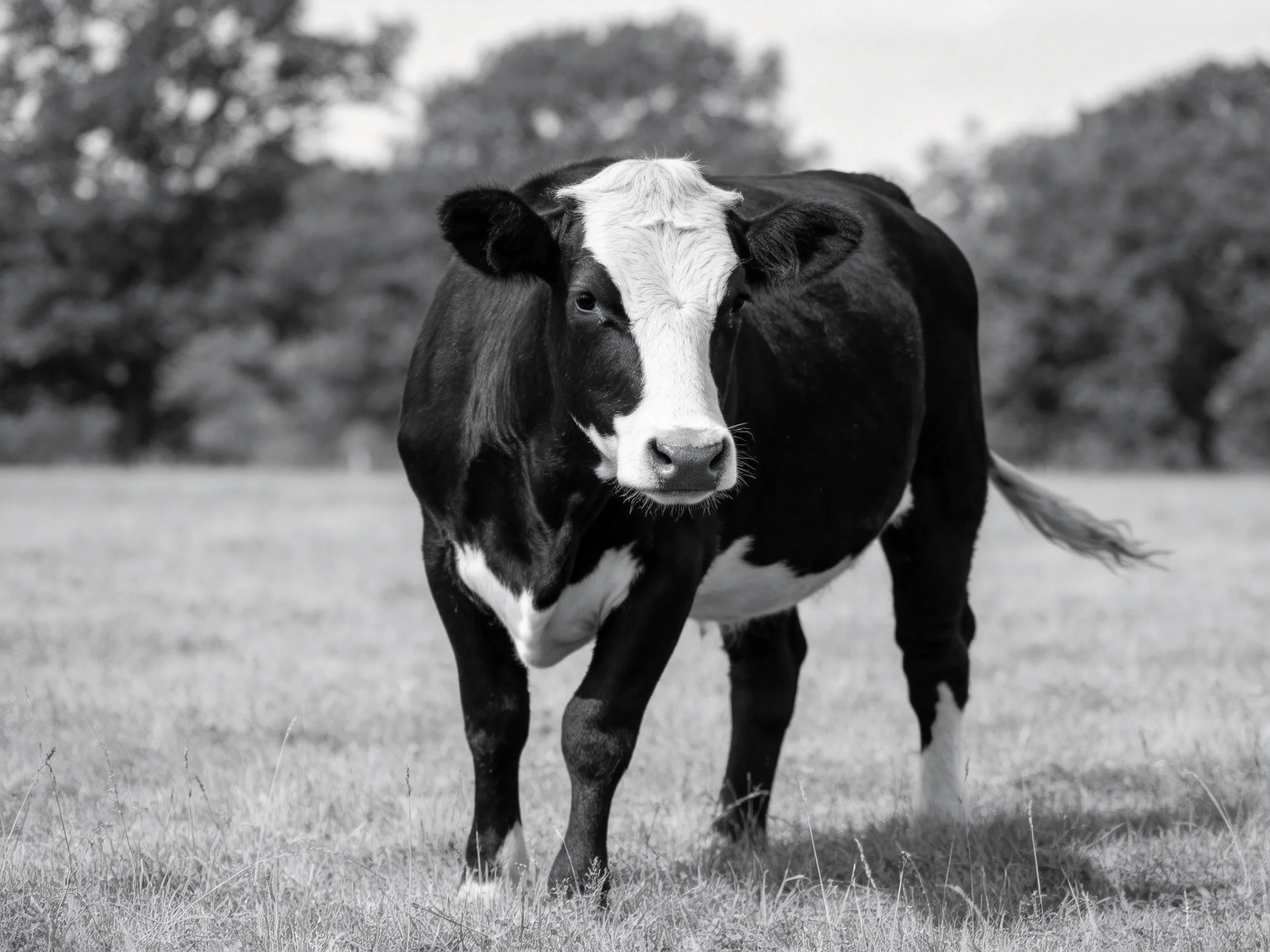 A black and white cow stands in a grassy field near trees