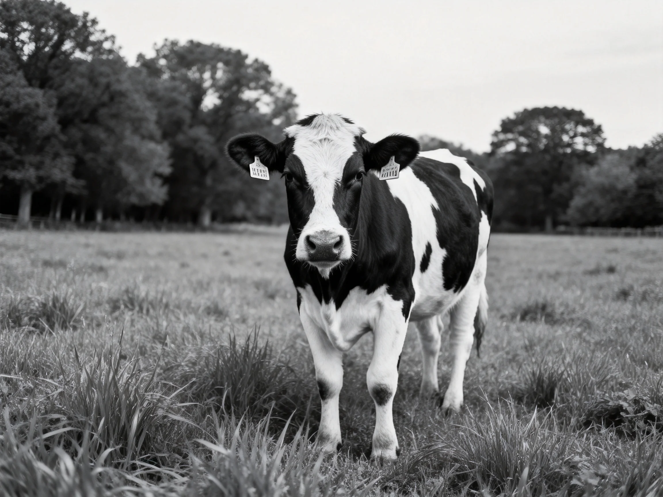 A black and white cow stands in a grassy field near trees