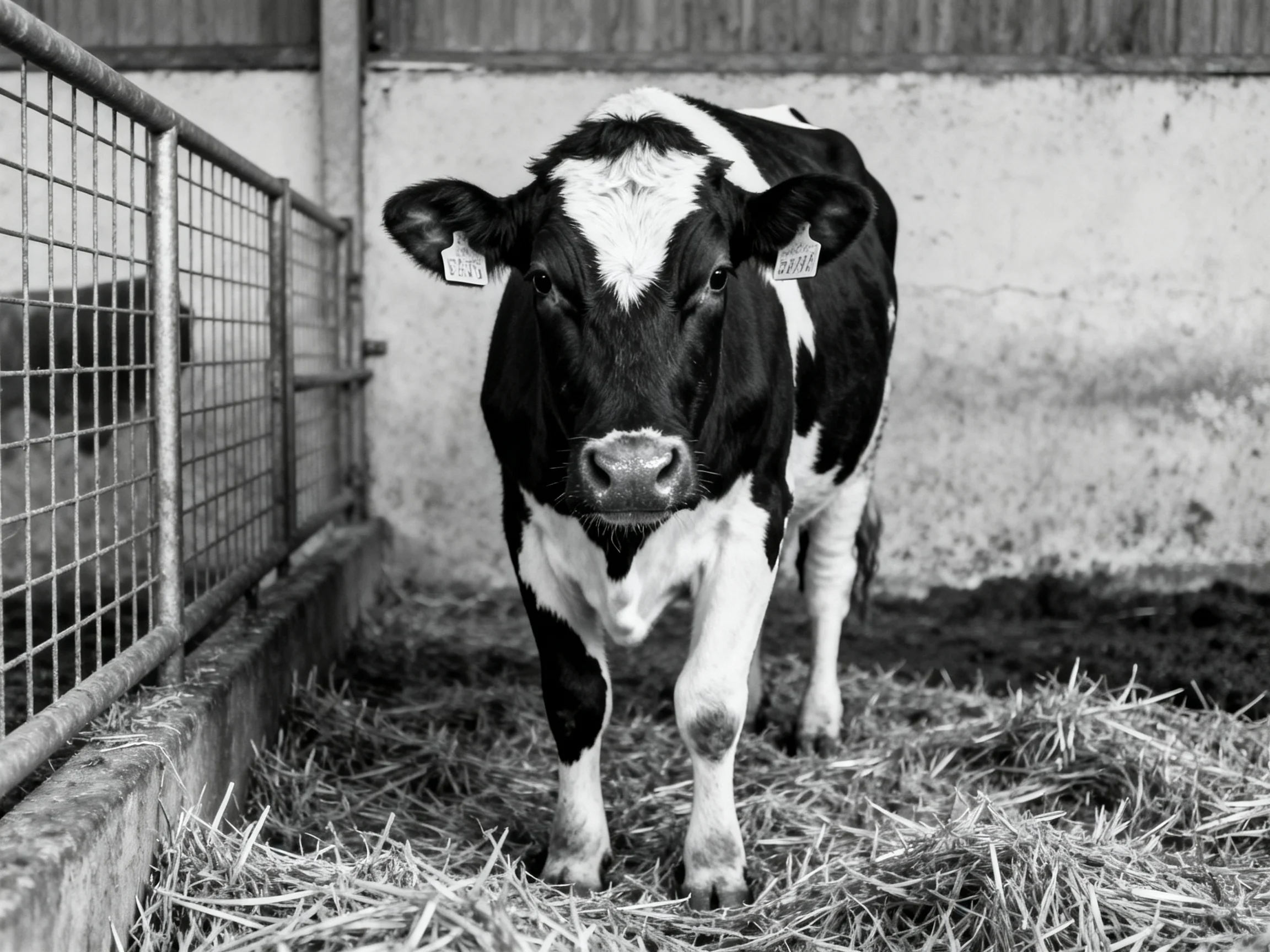 A black and white cow stands in a hay-filled farm enclosure