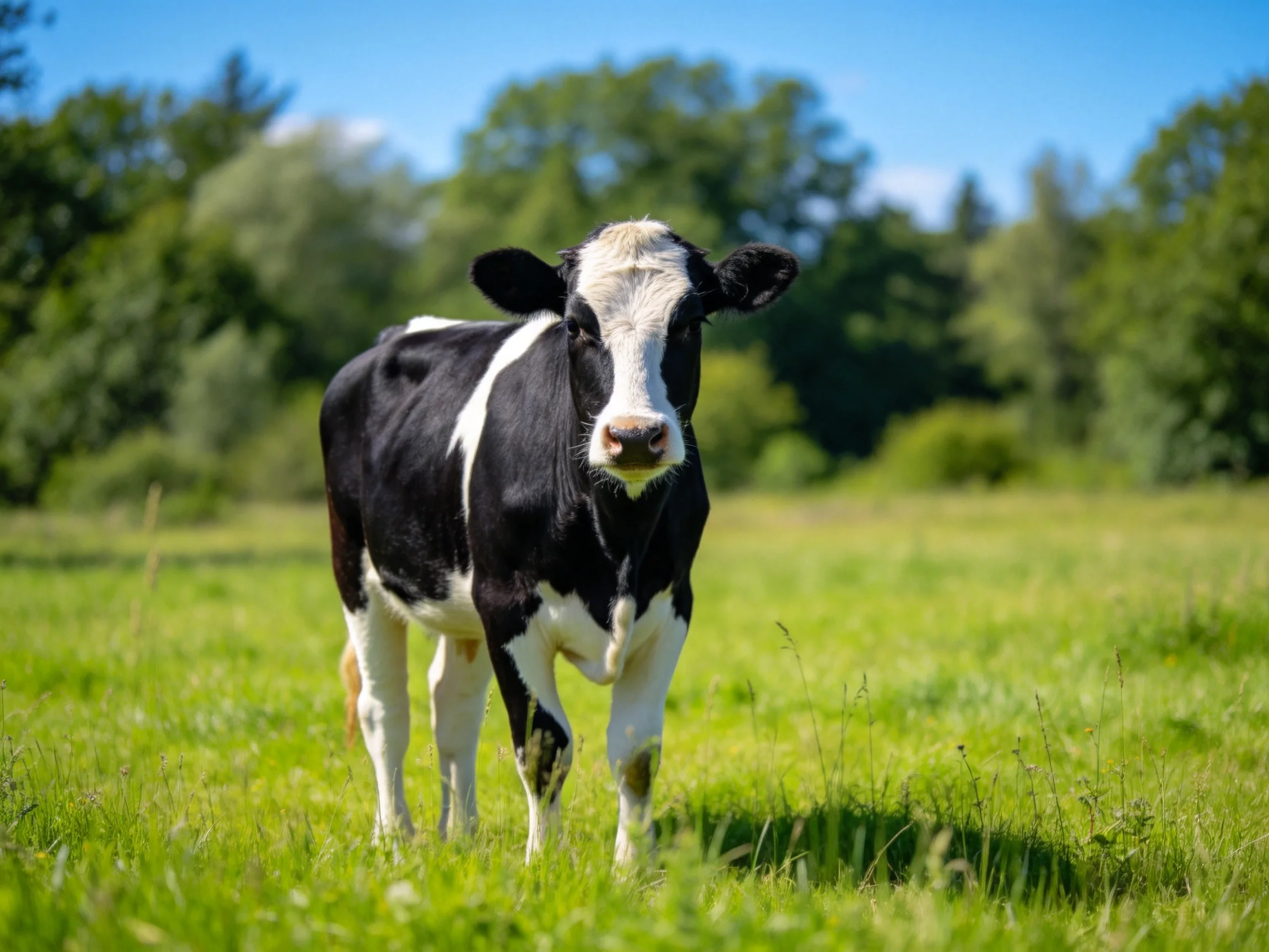 A black and white cow stands in a lush green meadow