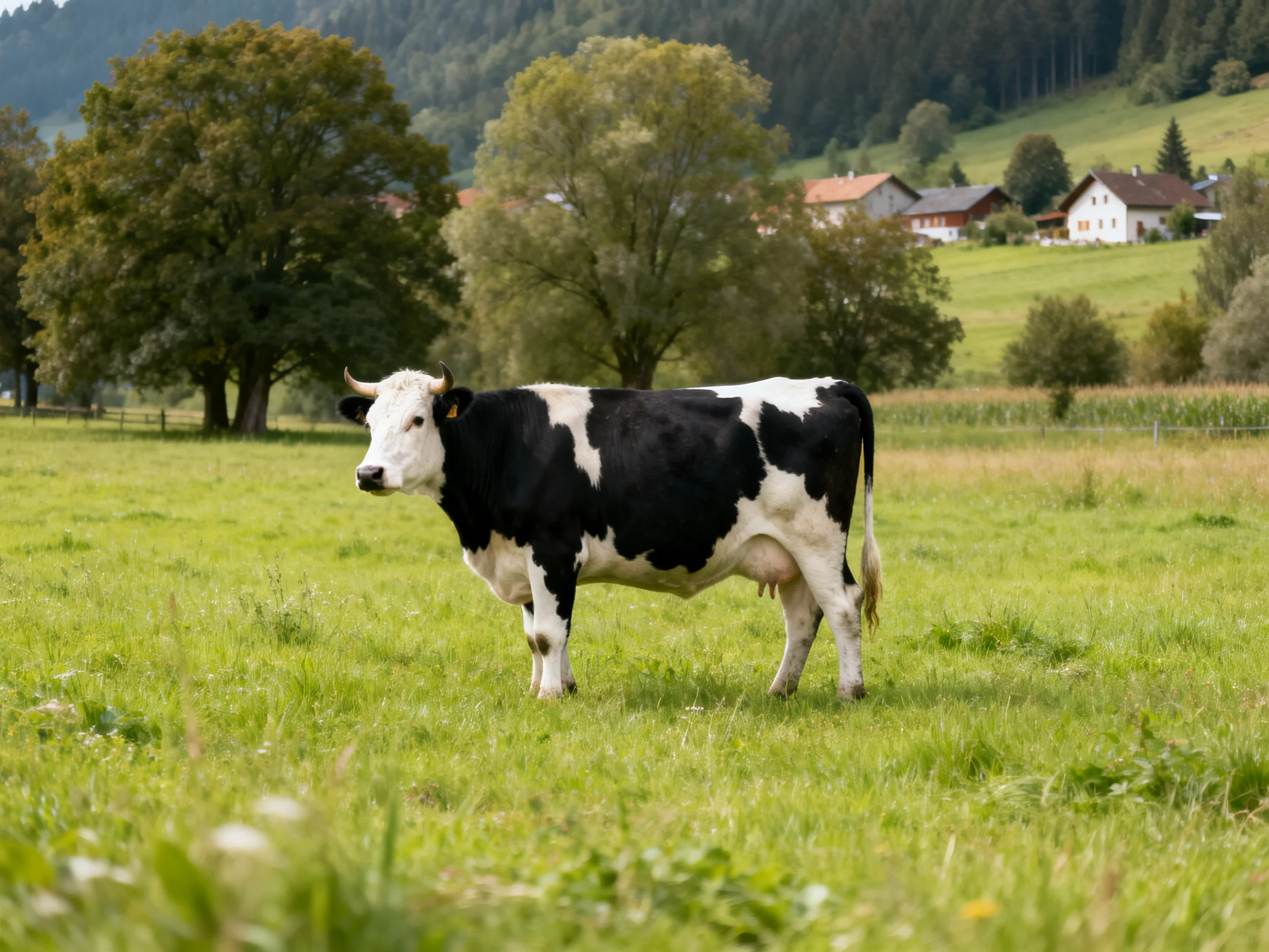 A black and white cow stands in a lush green meadow near rural homes