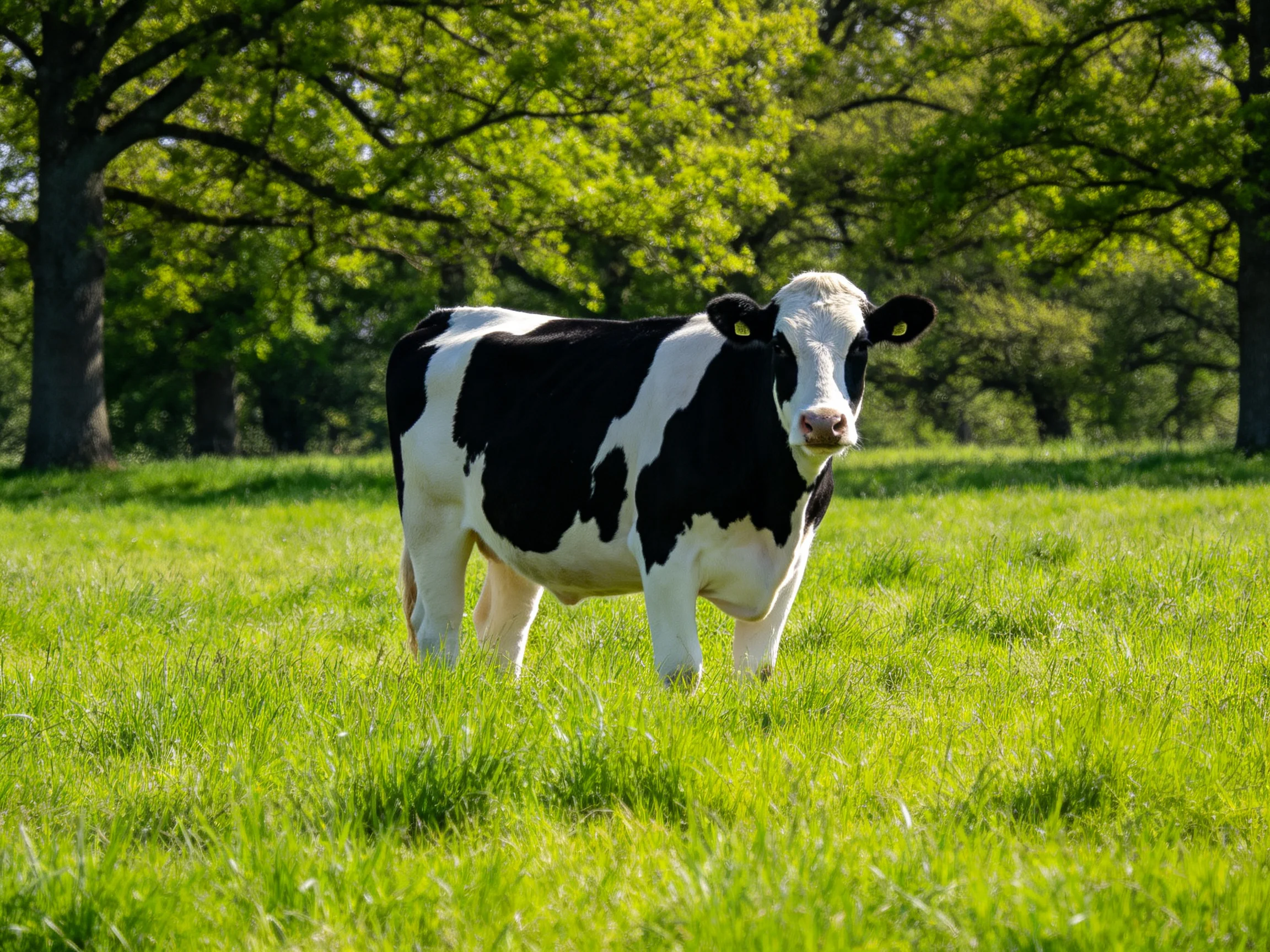 A black and white cow stands in a lush green meadow near tall trees