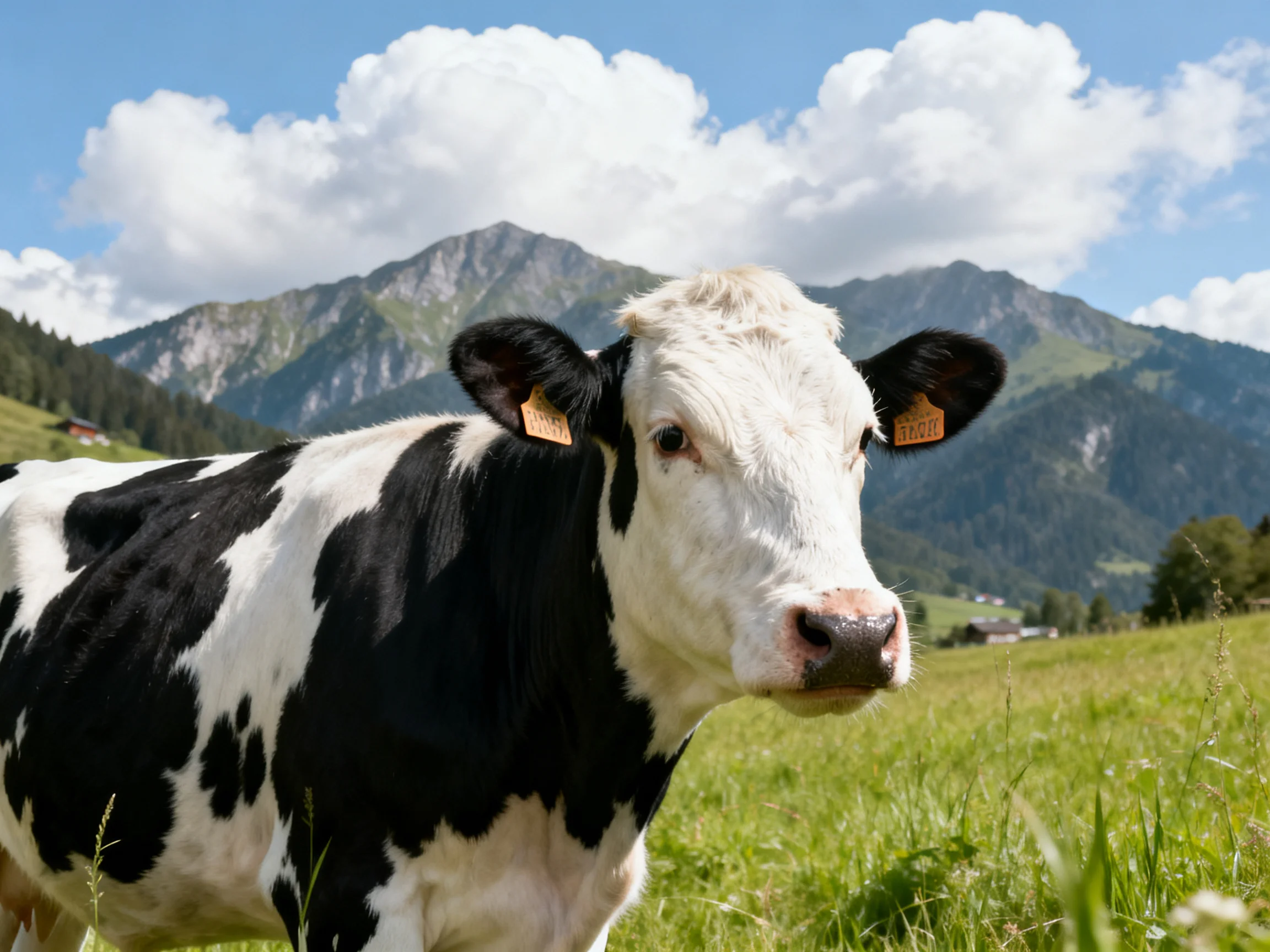 A black and white cow stands in a lush green meadow near towering mountains
