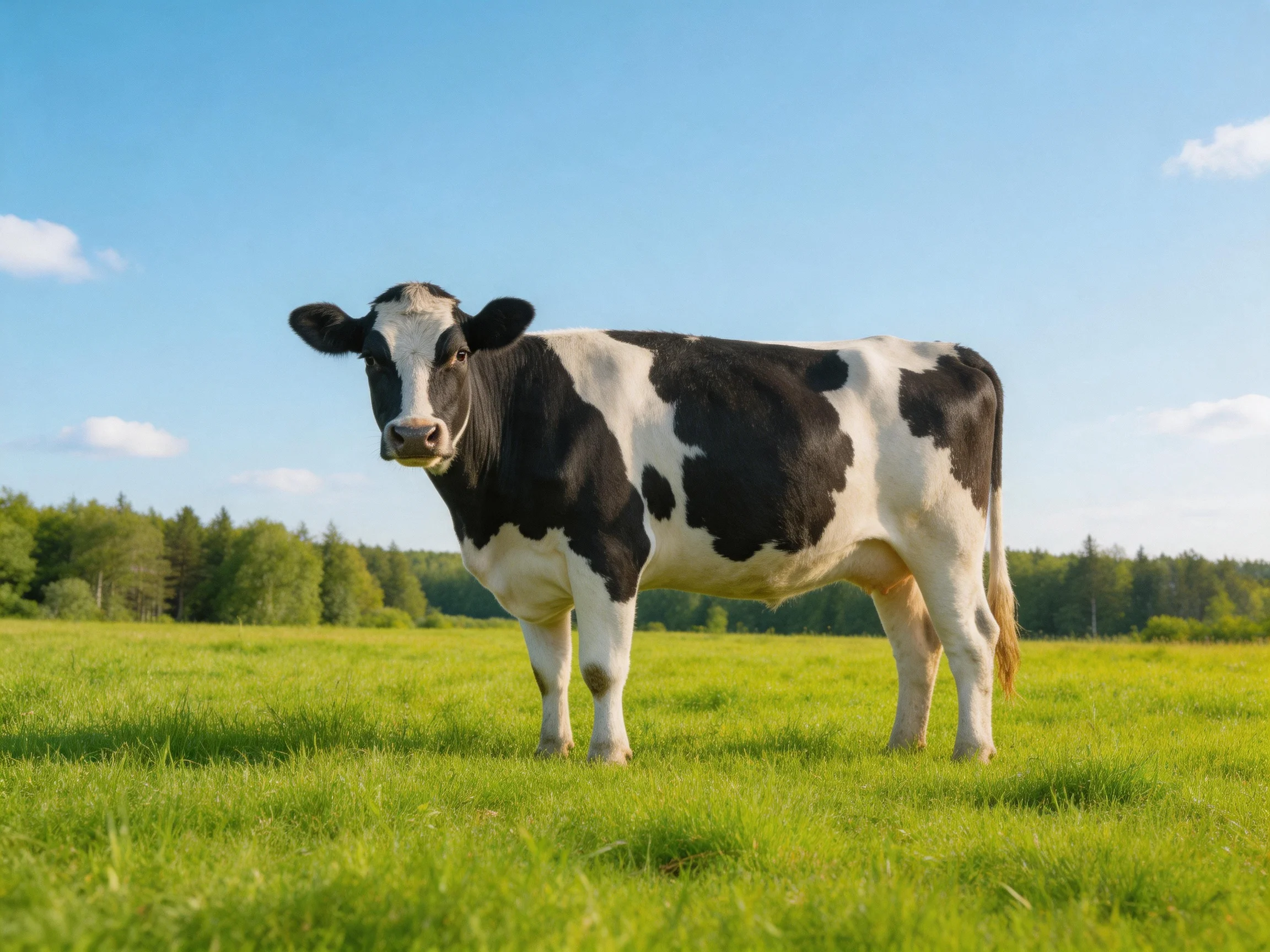 A black and white cow stands in a lush green meadow under clear blue sky
