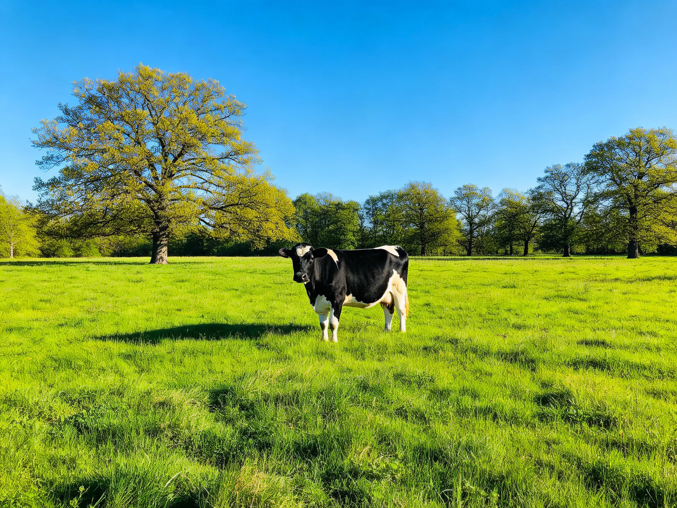 A black-and-white cow stands in a lush green meadow with tall trees