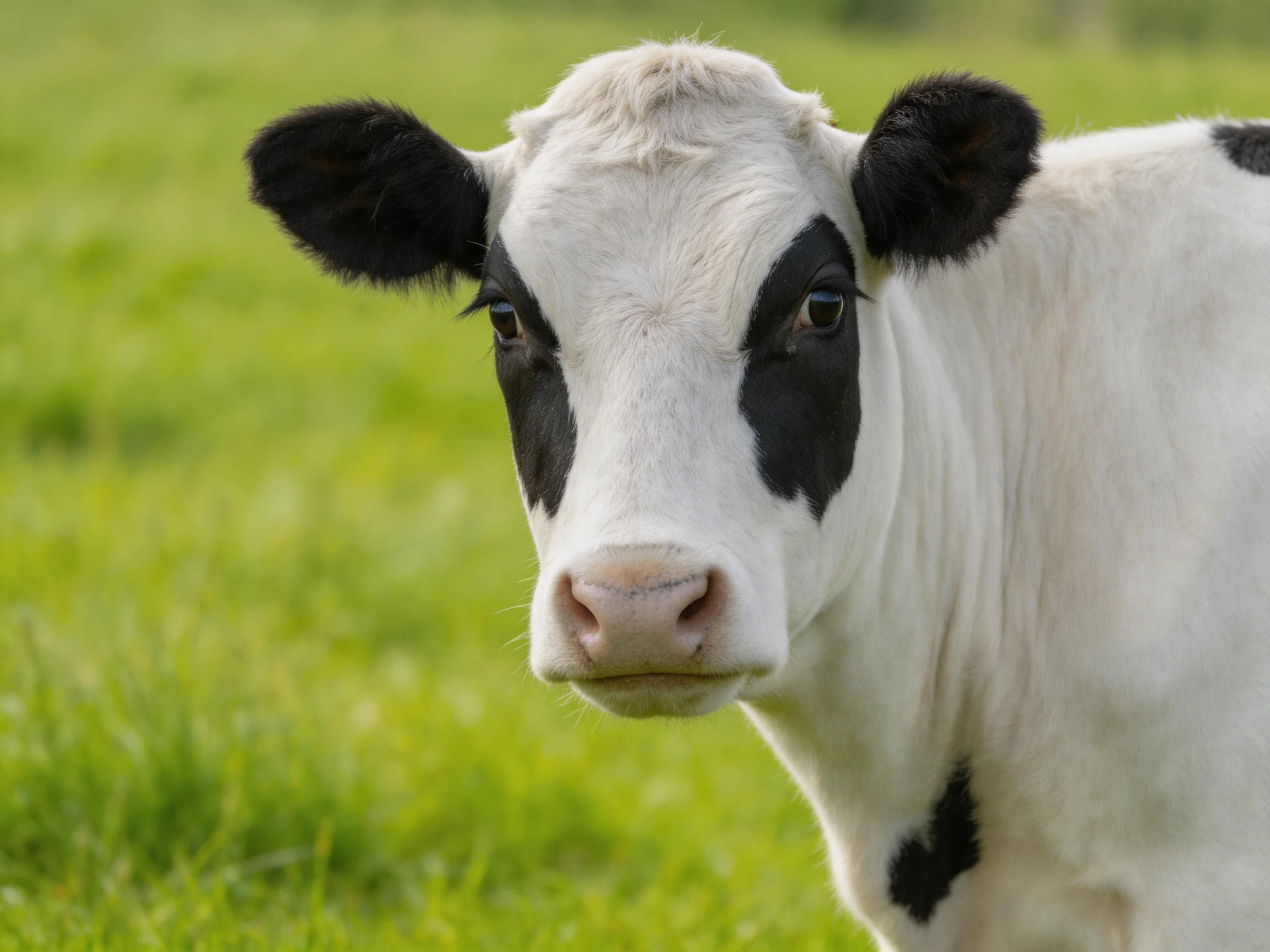 A black and white cow stands in a lush green pasture