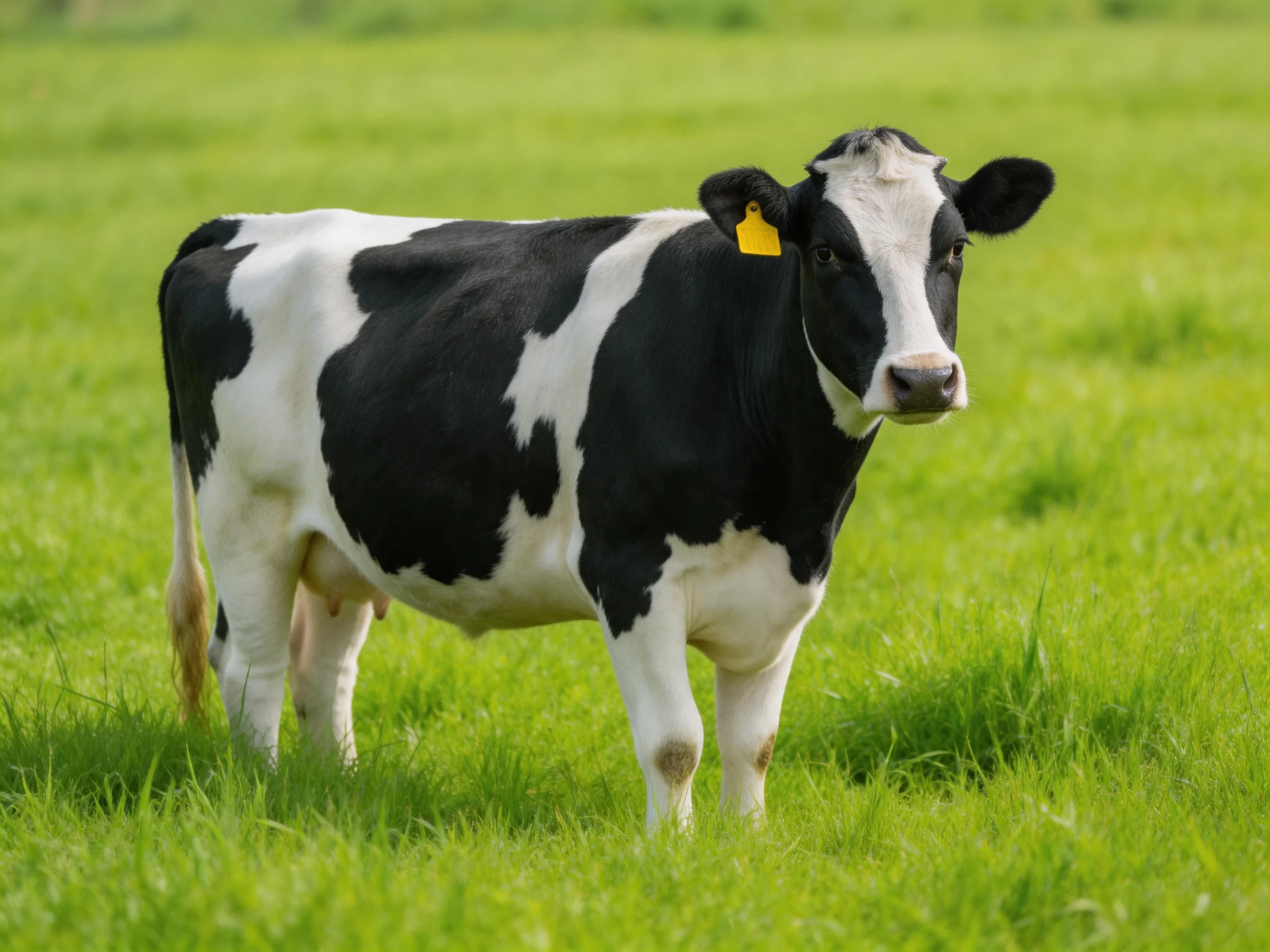 A black and white cow stands in a lush green pasture