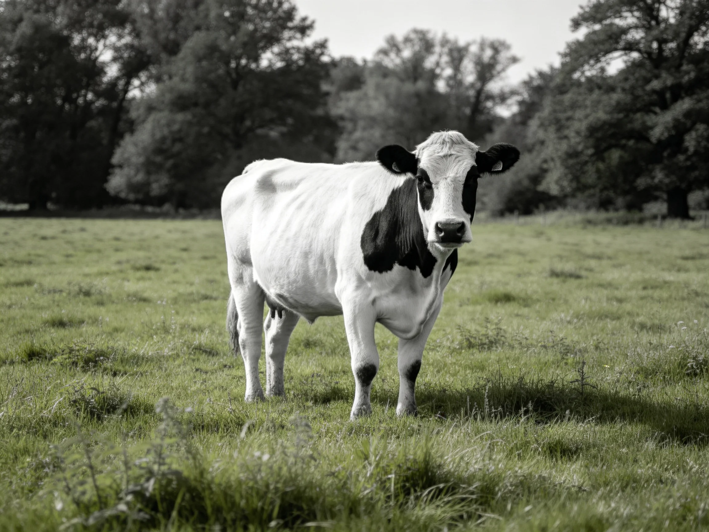 A black and white cow stands in a lush green pasture