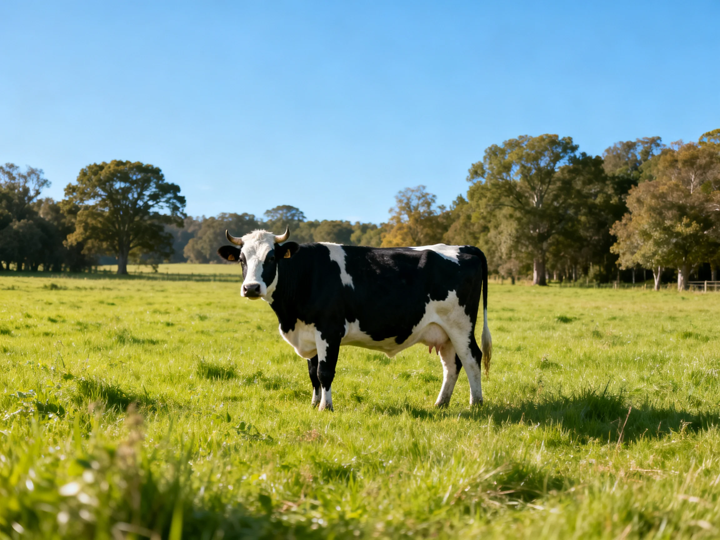 A black and white cow stands in a lush green pasture near tall trees
