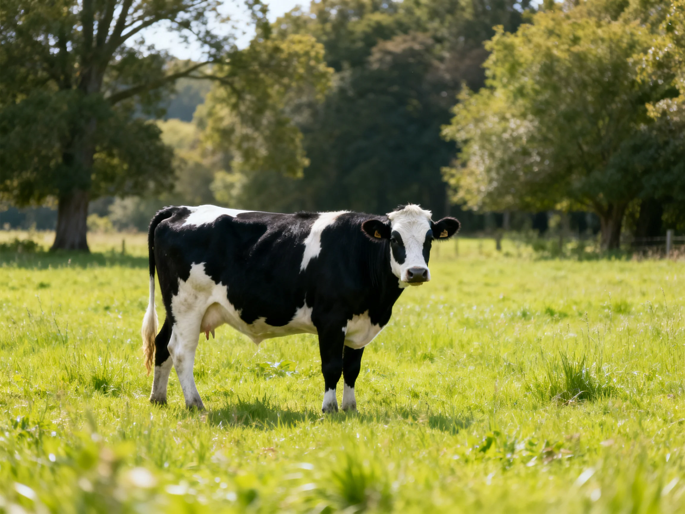 A black and white cow stands in a lush green pasture near tall trees