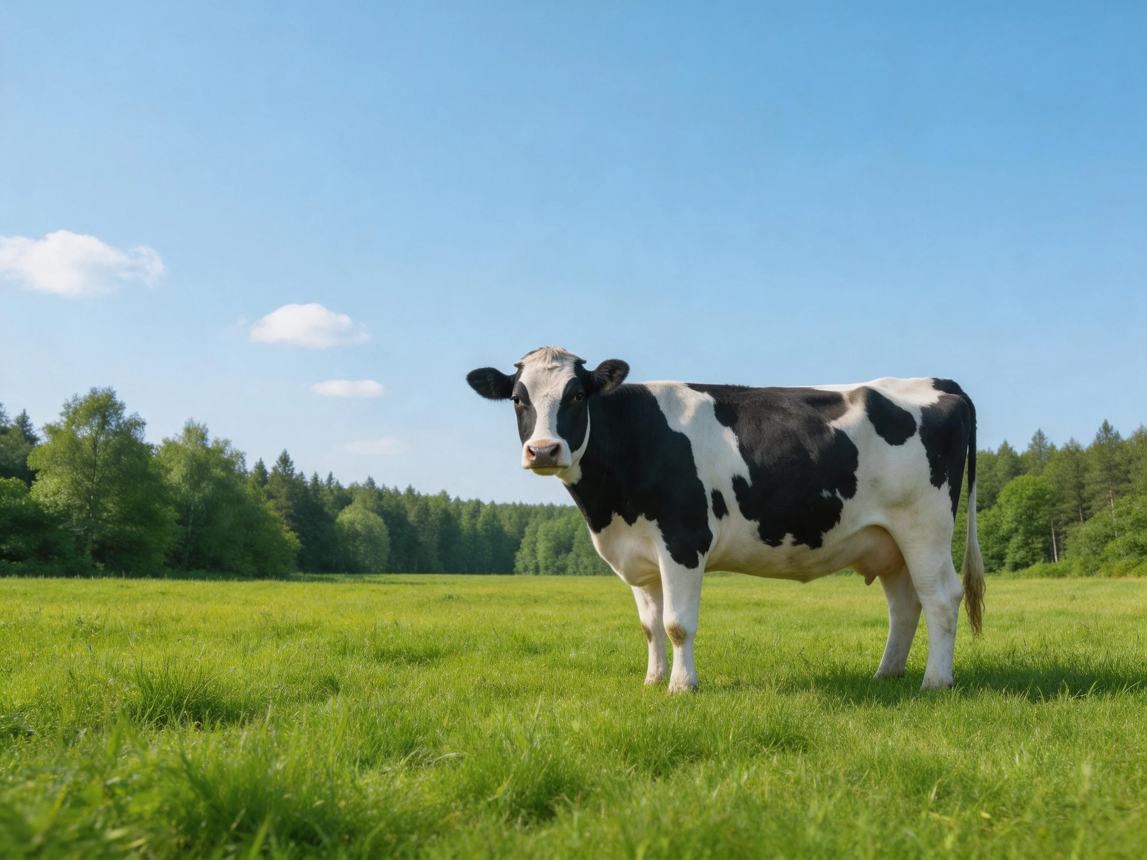 A black and white cow stands in a lush green pasture near trees