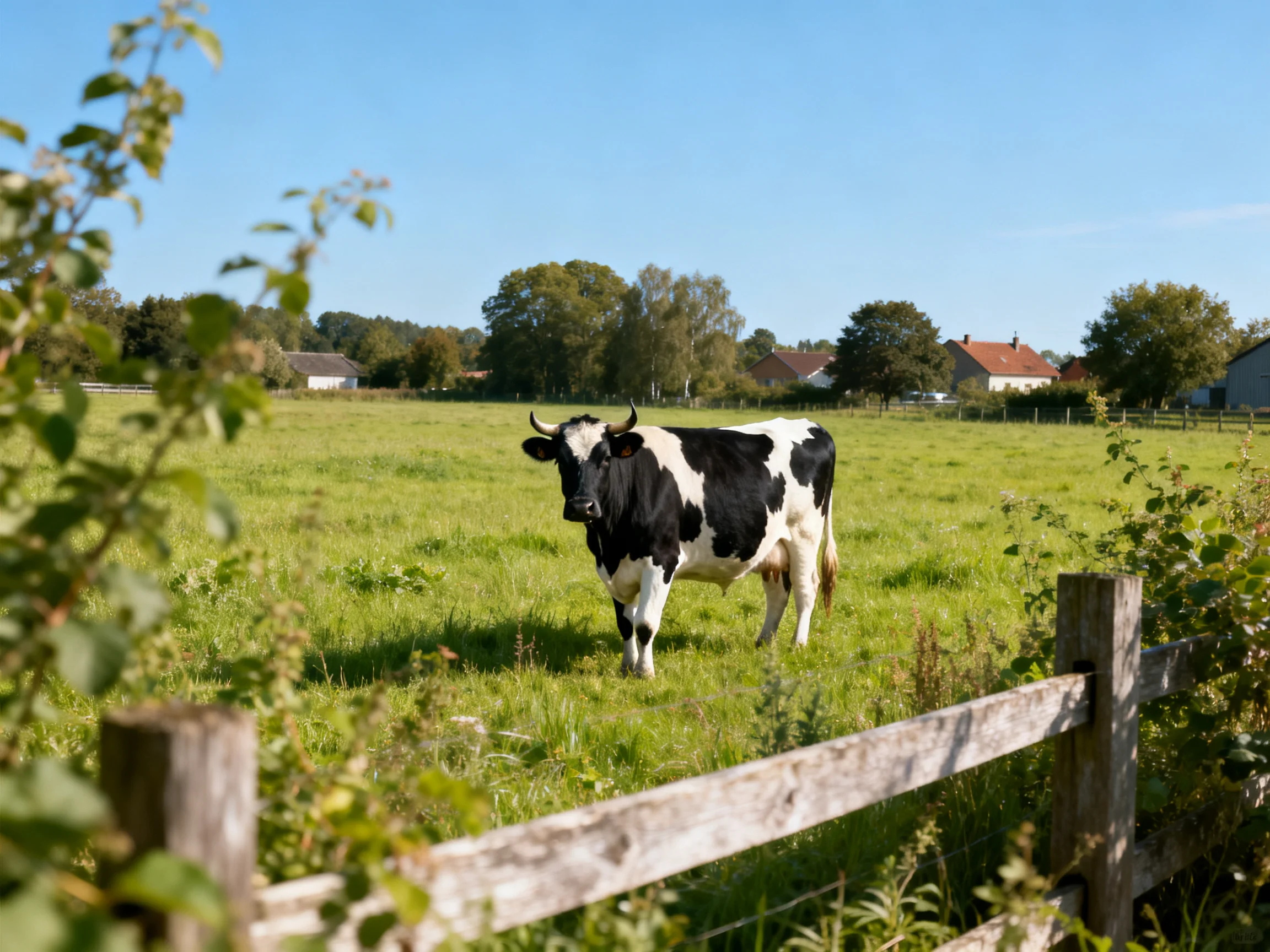 A black-and-white cow stands in a lush green pasture near wooden fences