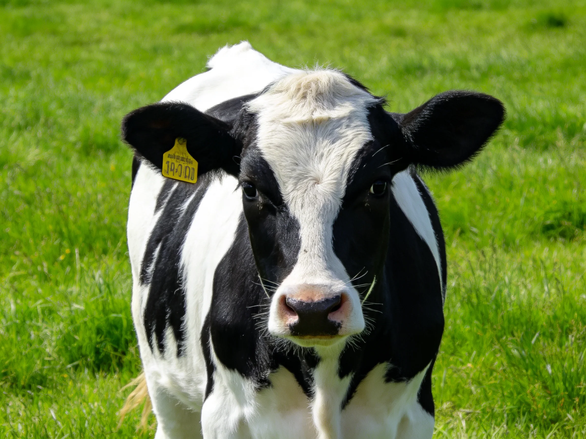 A black and white cow stands in a lush green pasture