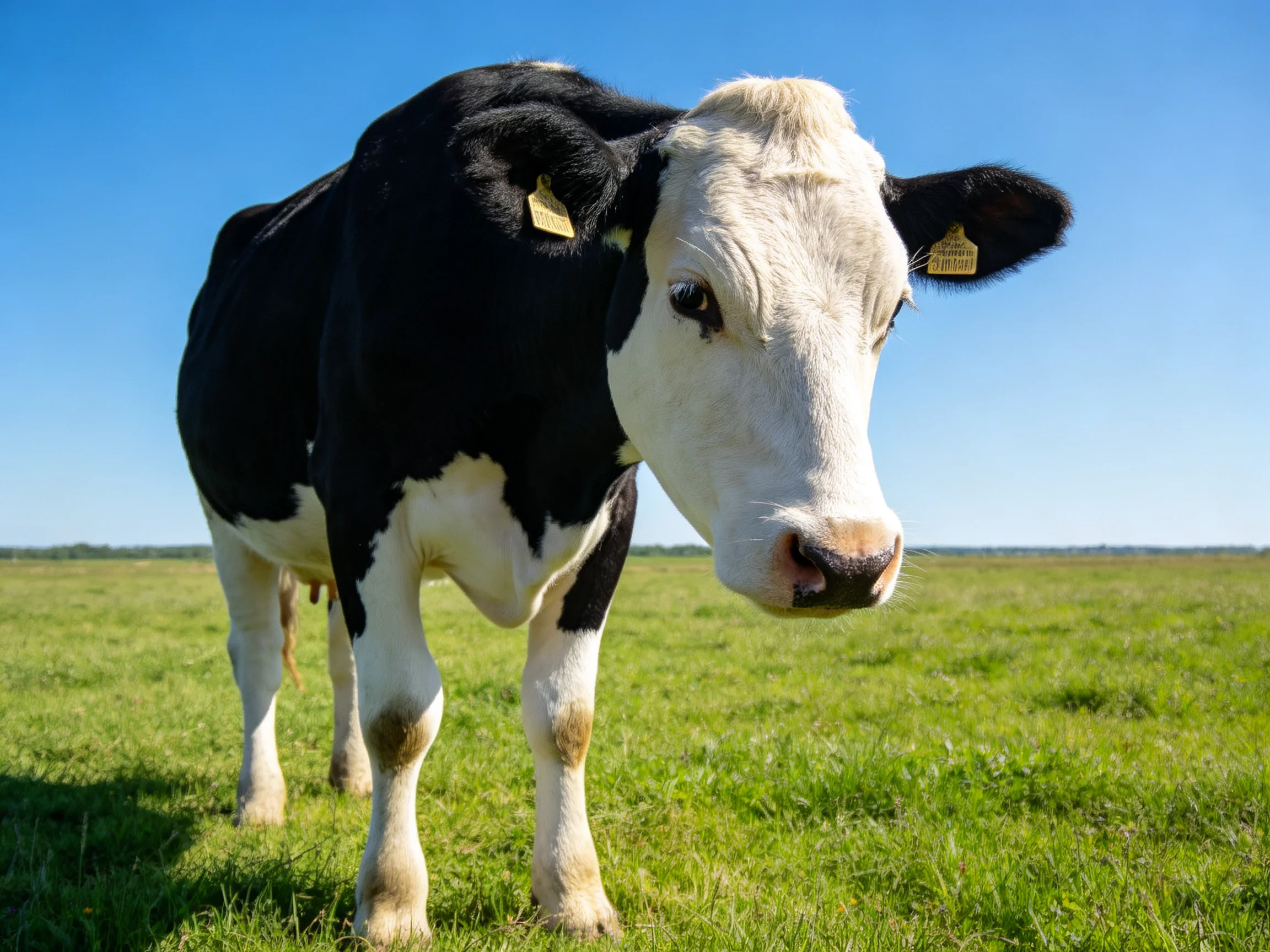 A black and white cow stands in a lush green pasture under a clear blue sky