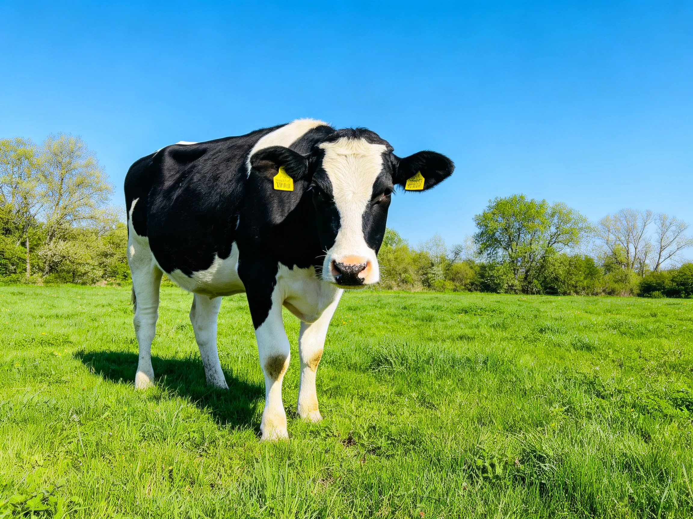 A black and white cow stands in a lush green pasture under clear blue sky