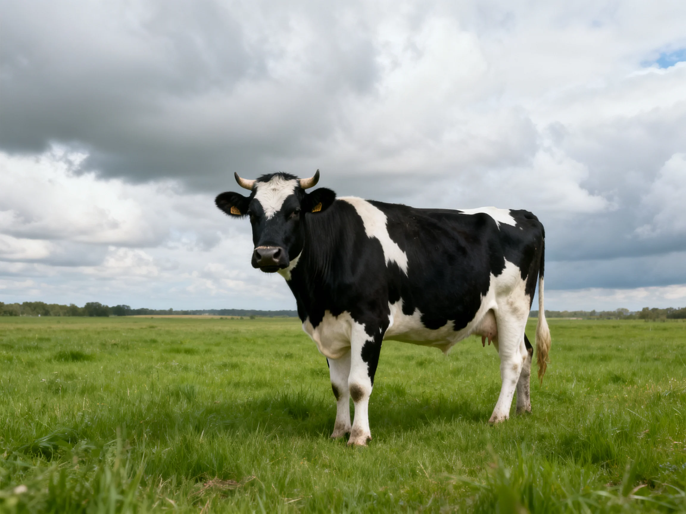 A black and white cow stands in a lush green pasture under cloudy skies