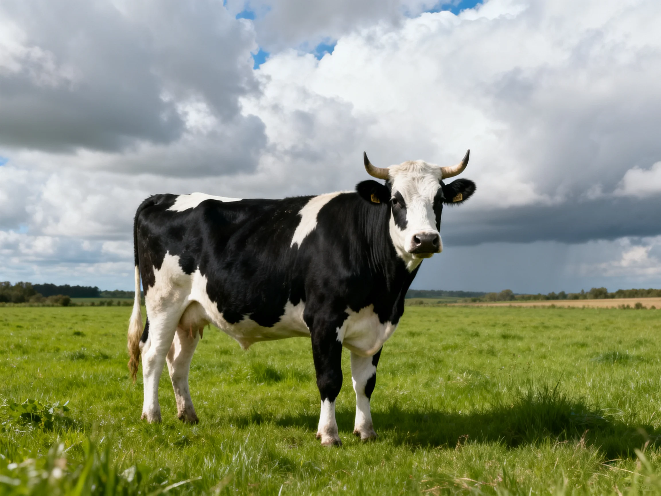 A black and white cow stands in a lush green pasture under dramatic clouds