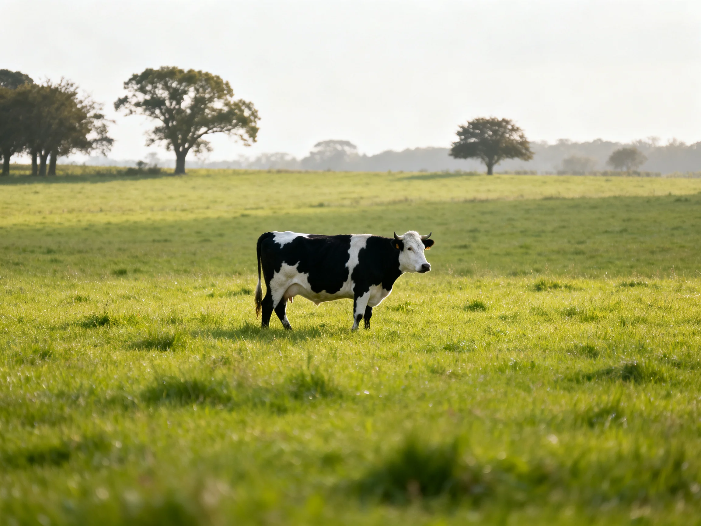 A black and white cow stands in a spacious green pasture with distant trees