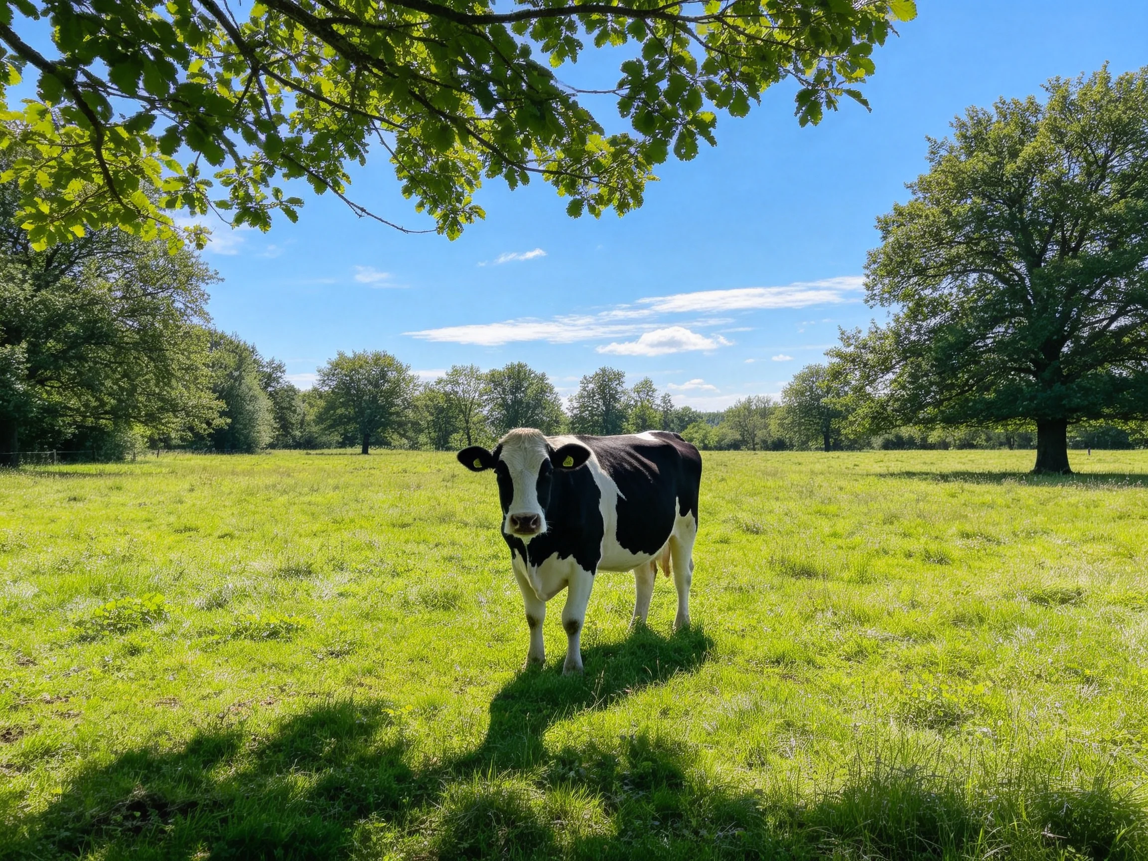 A black-and-white cow stands in a sun-drenched green meadow with surrounding trees