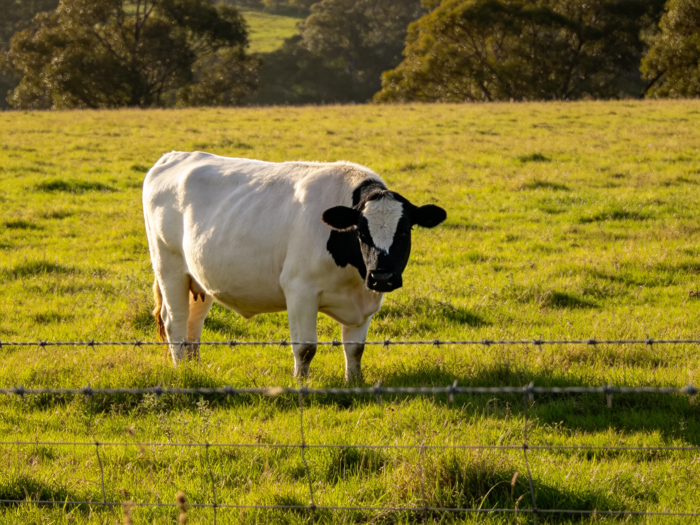 A black-and-white cow stands in a sun-drenched green pasture with barbed wire fence