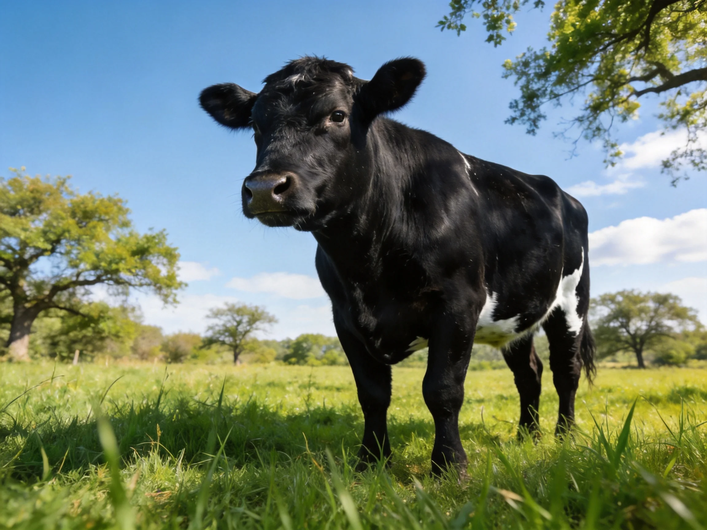 A black and white cow stands in a sunlit green pasture