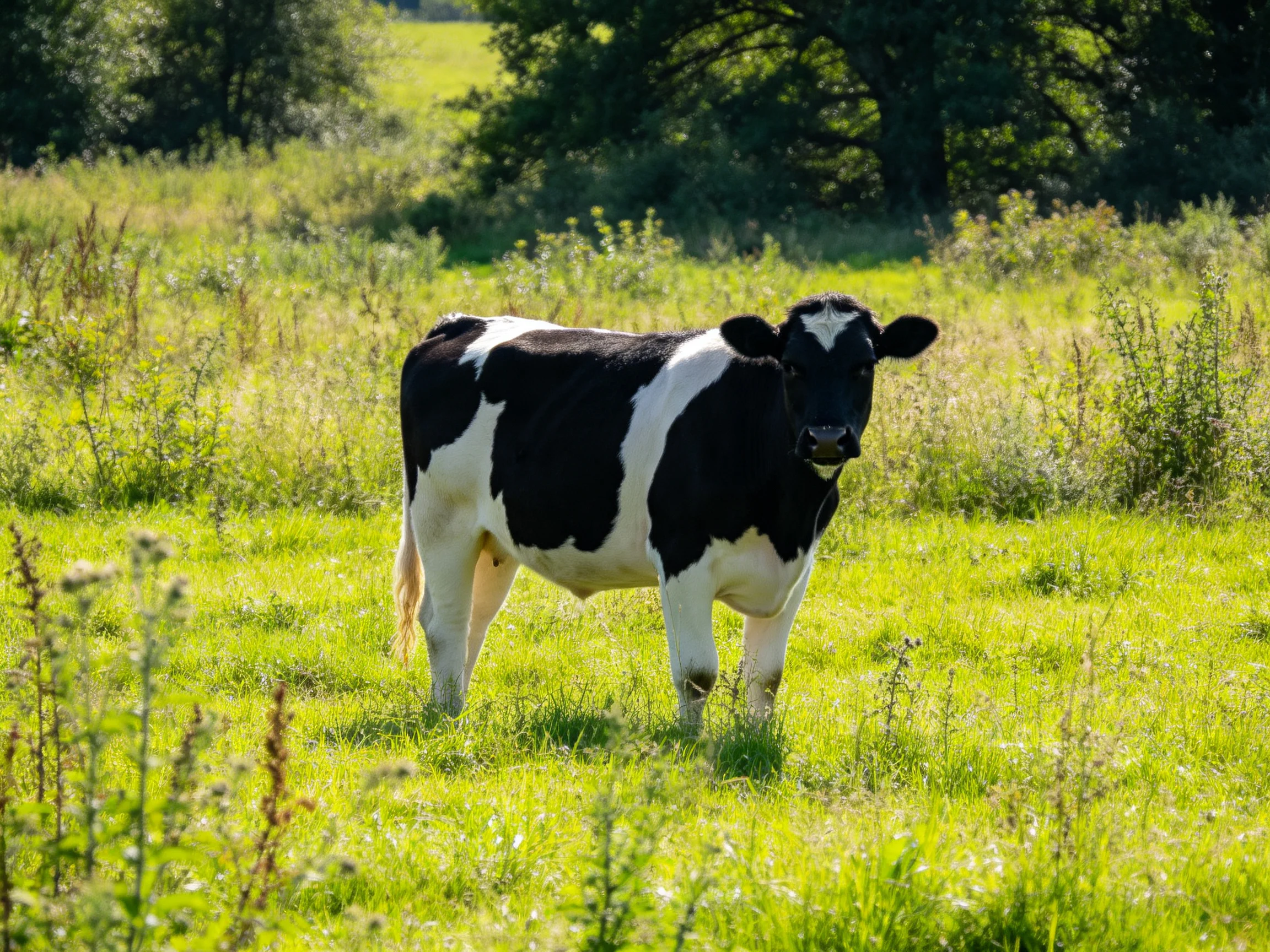 A black and white cow stands in a sunlit green pasture with tall grasses