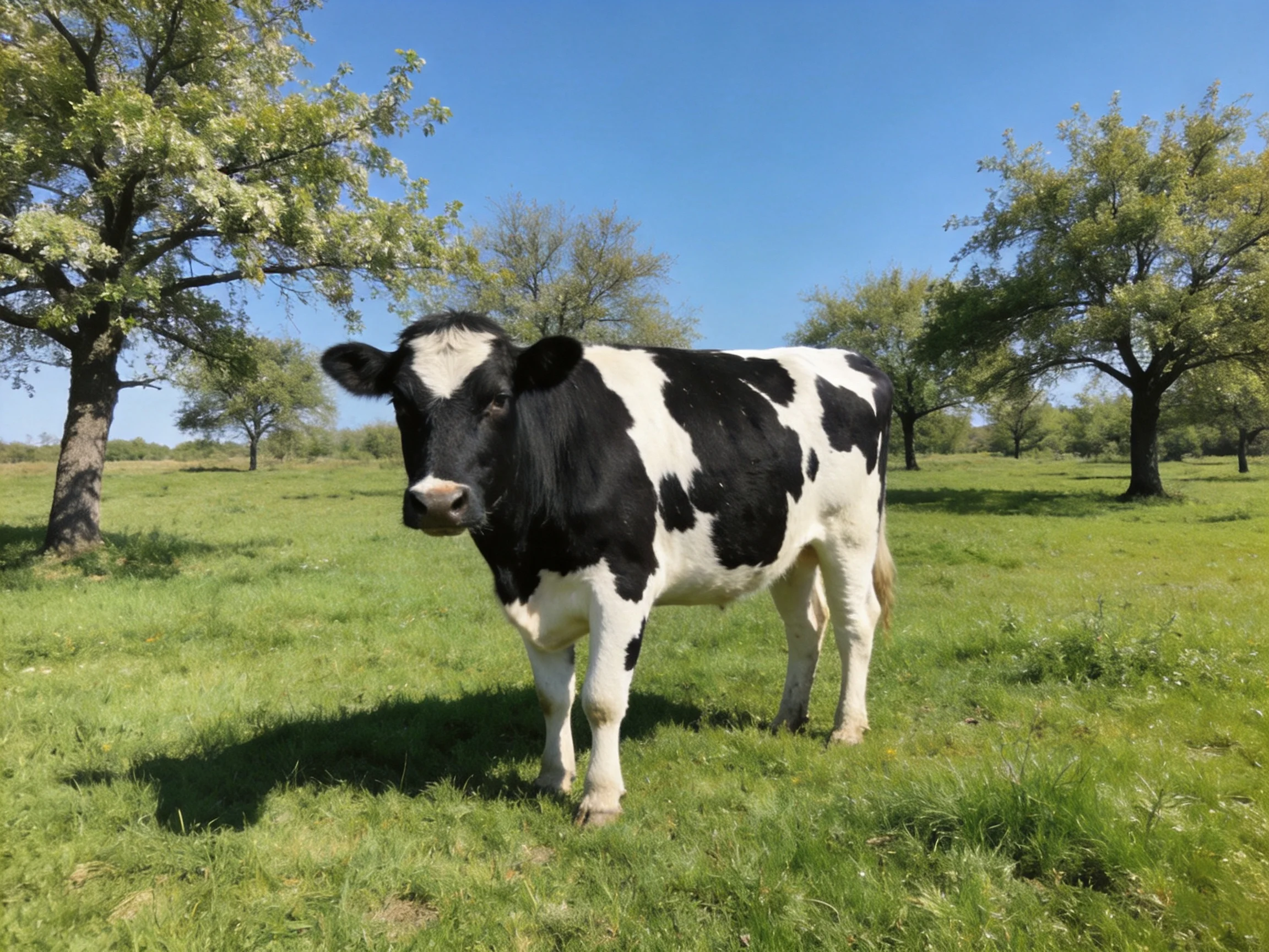 A black and white cow stands in a sunlit green pasture with trees