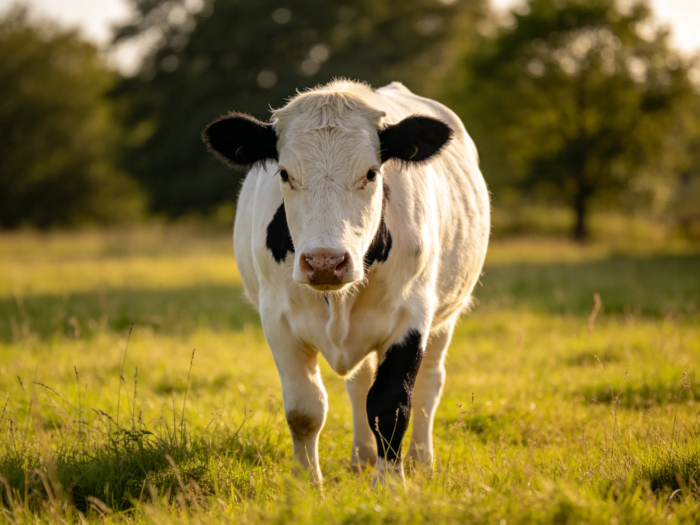 A black-and-white cow stands in a sunlit green pasture