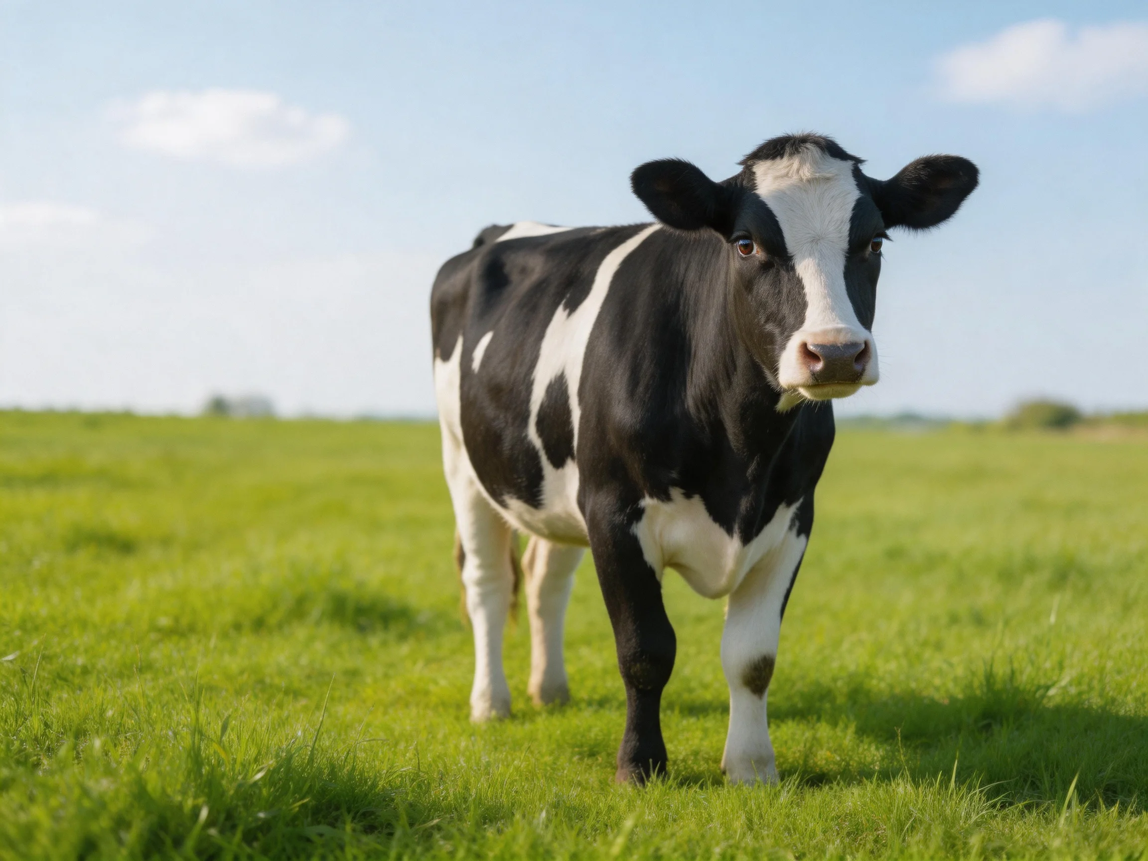 A black and white cow stands in a sunlit green pasture