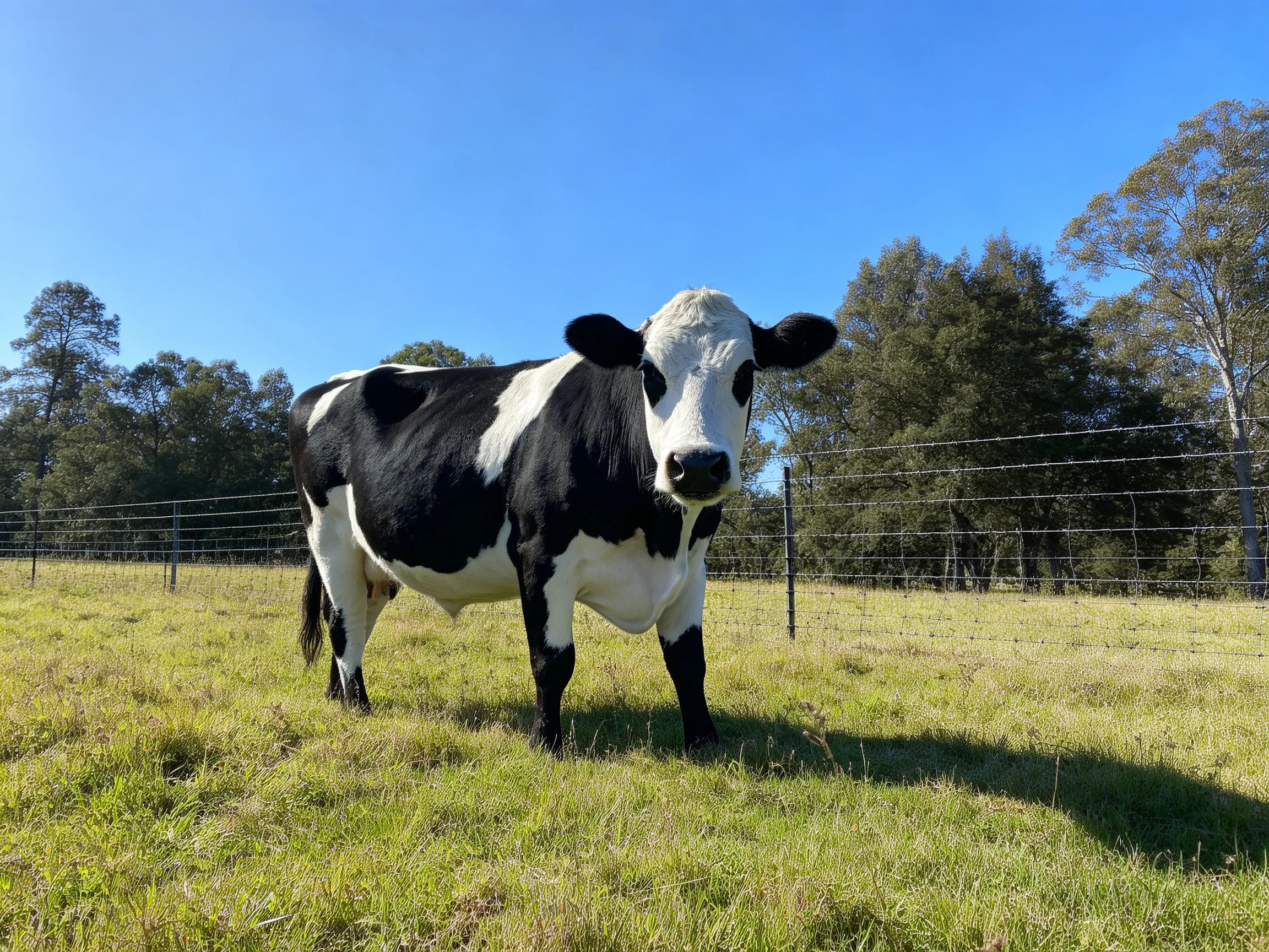 A black and white cow stands in a sunny green pasture near a wire fence