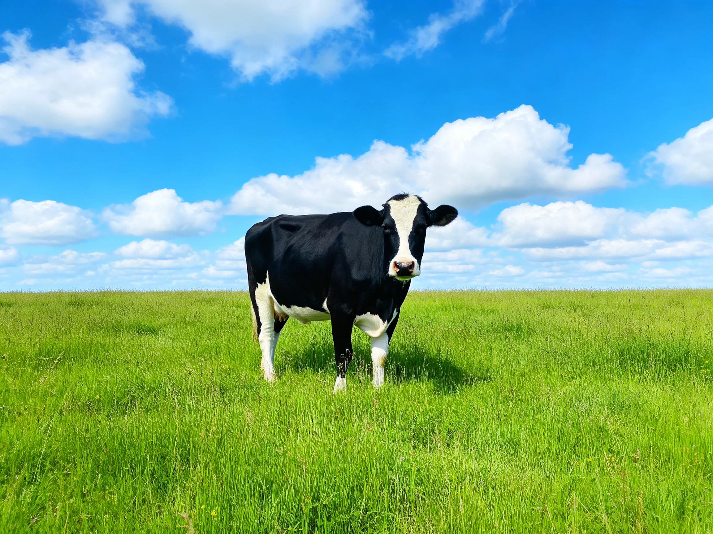 A black and white cow stands in a vast green meadow beneath bright blue sky