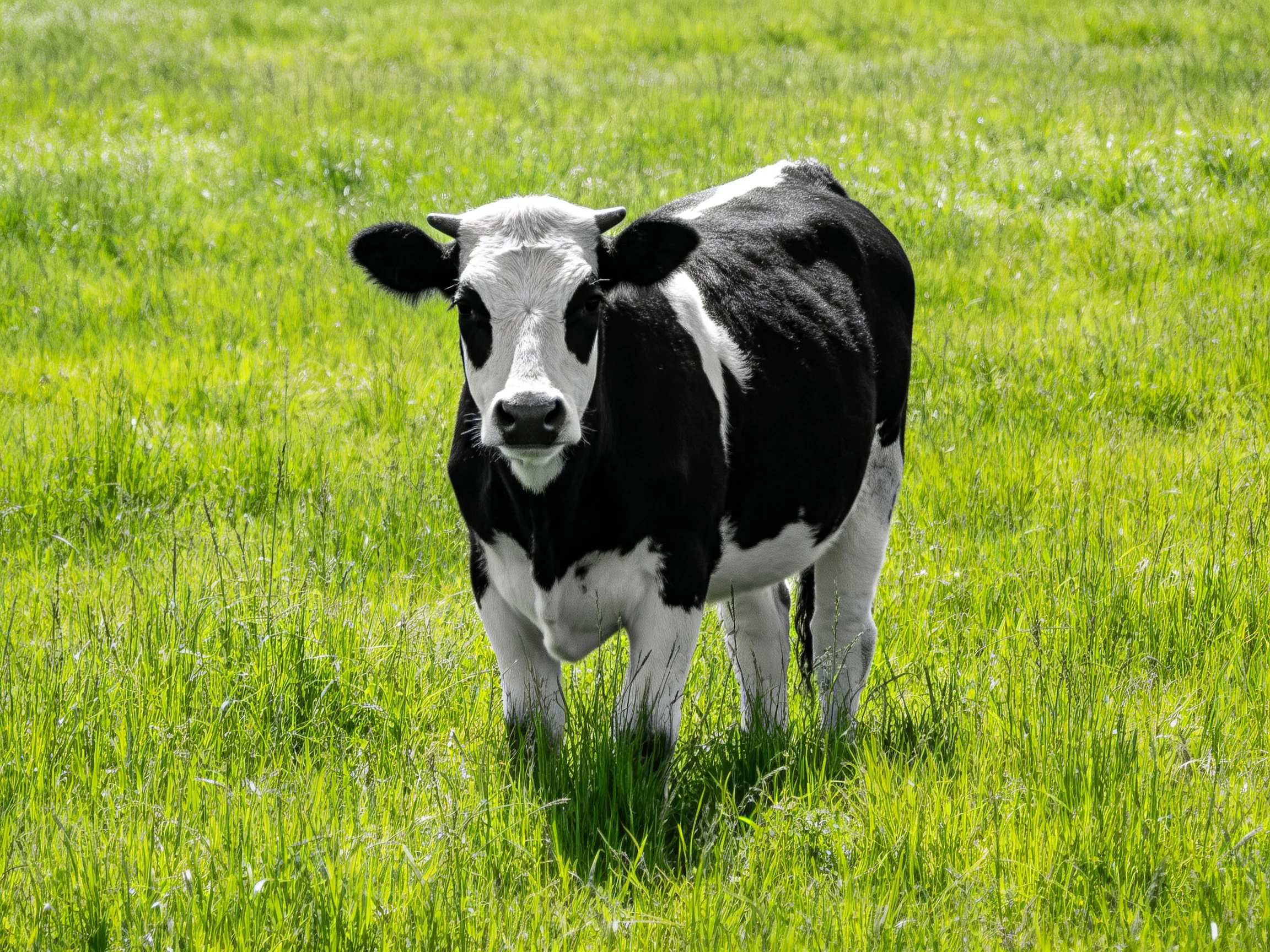 A black and white cow stands in a verdant grassy field
