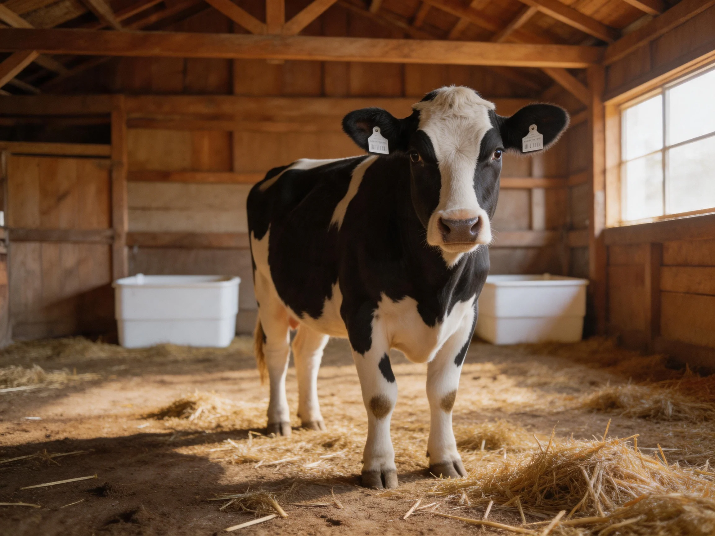 A black and white cow stands in a wooden barn with straw bedding