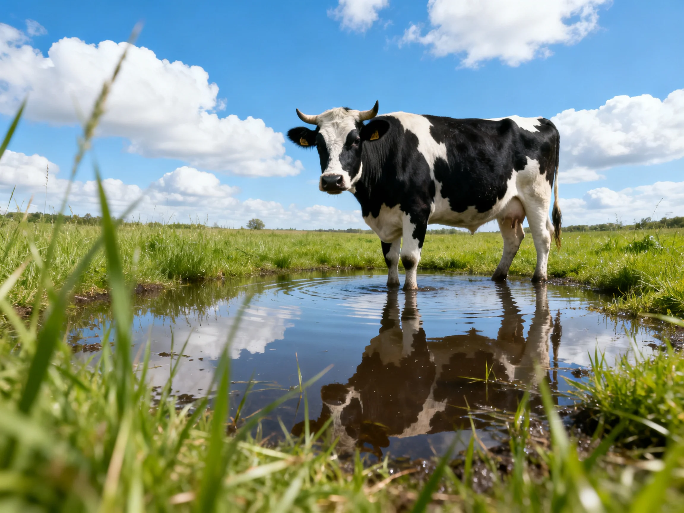 A black and white cow stands in shallow water amid green grass under bright blue skies