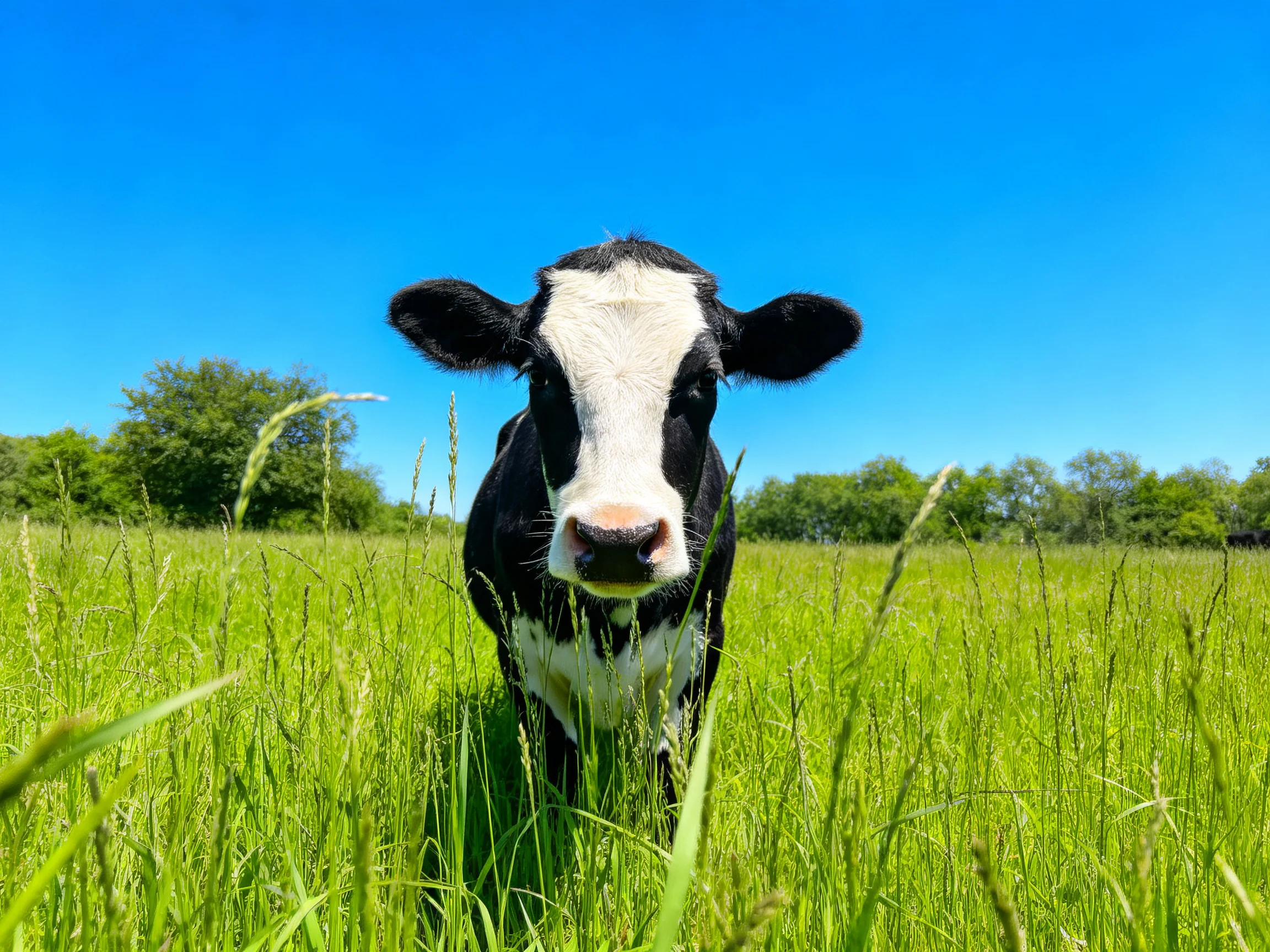 A black and white cow stands in tall green grass under bright blue sky
