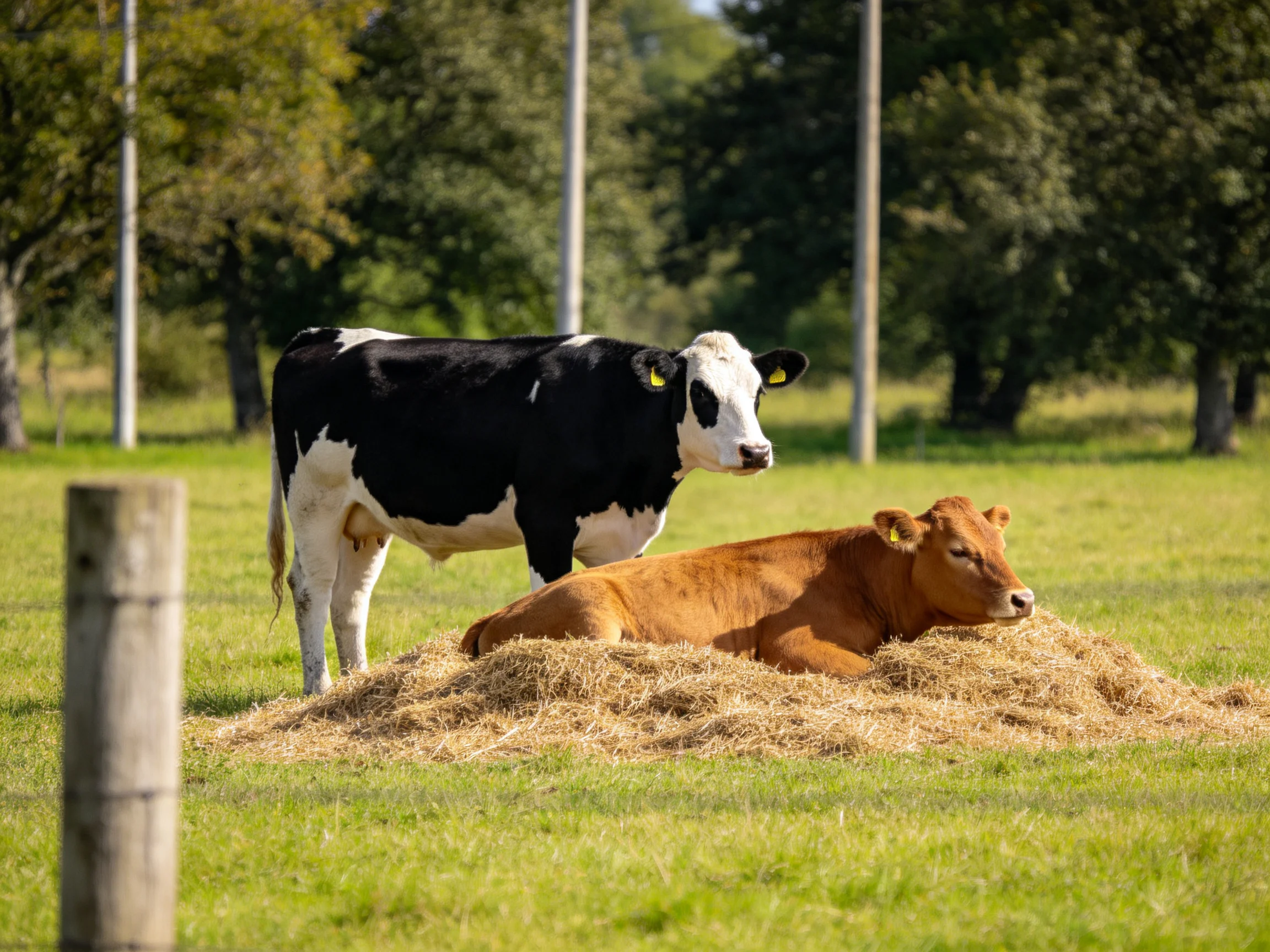 A black and white cow stands near a brown cow resting on hay in a green pasture