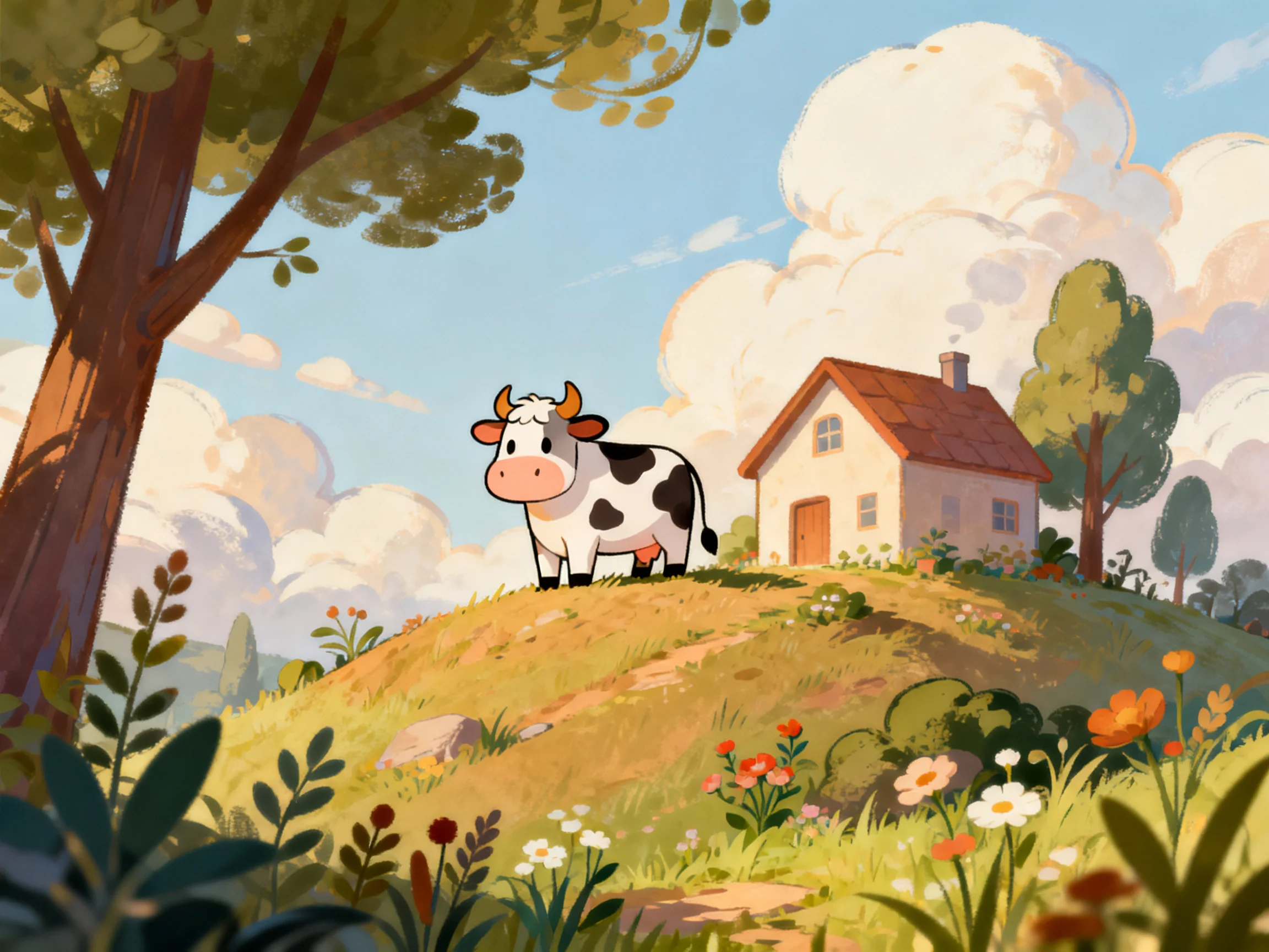 A black-and-white cow stands near a cozy cottage on a sunny hillside
