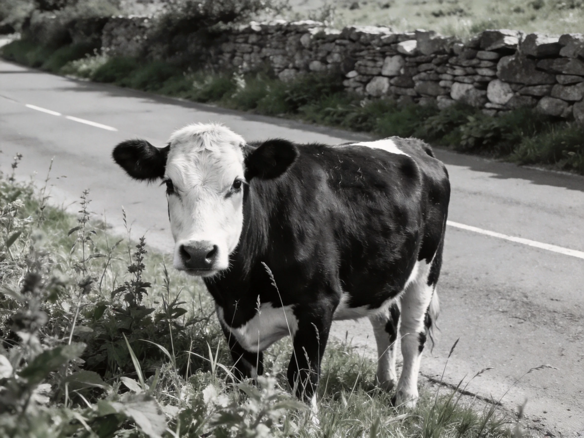 A black and white cow stands near a paved road with a stone wall