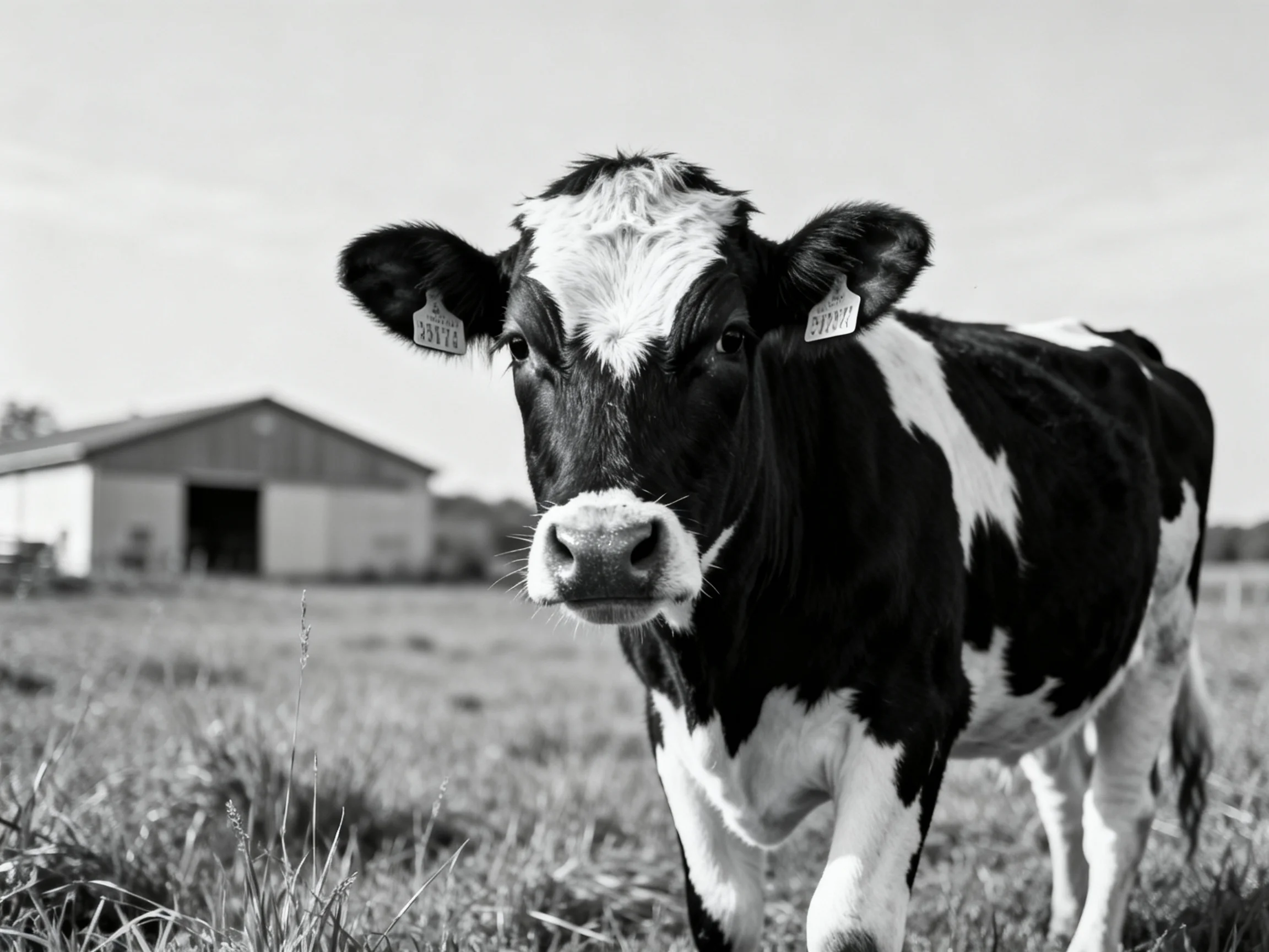 A black and white cow stands near a rural barn in an open field